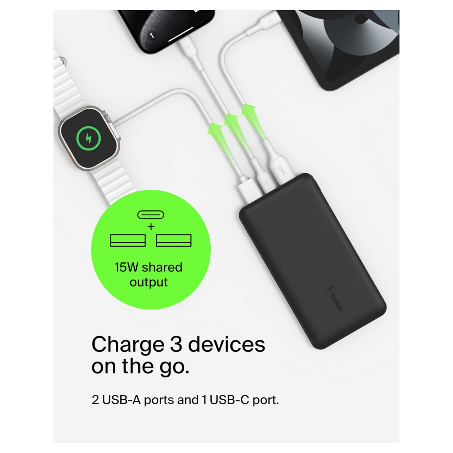 Belkin USB-C POwerbank USB-C port: Up to 15W output  USB-A ports: Up to 12W output each 10000 mah - Black