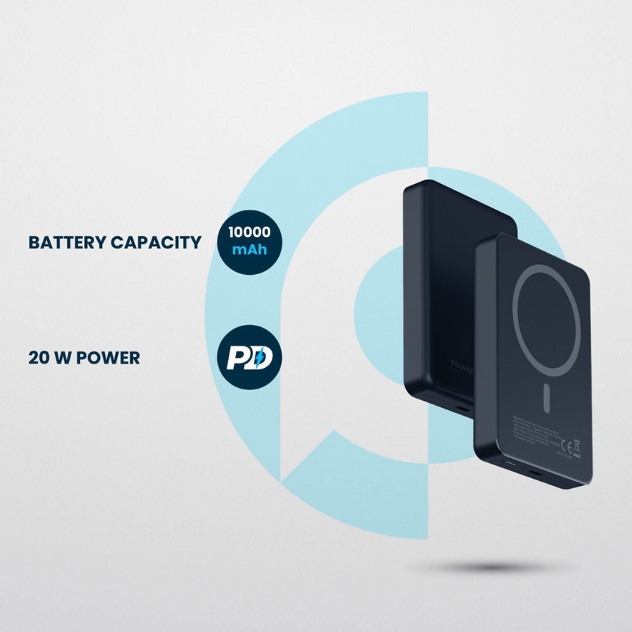 Powerology 10000mAh MagSafe Aluminum Power Bank with Battery Level Indicator, Lightweight & Compact Design, Fast & Simultaneous Charging, Type-C Input & Output, 15W Wireless Output - Dark Gray