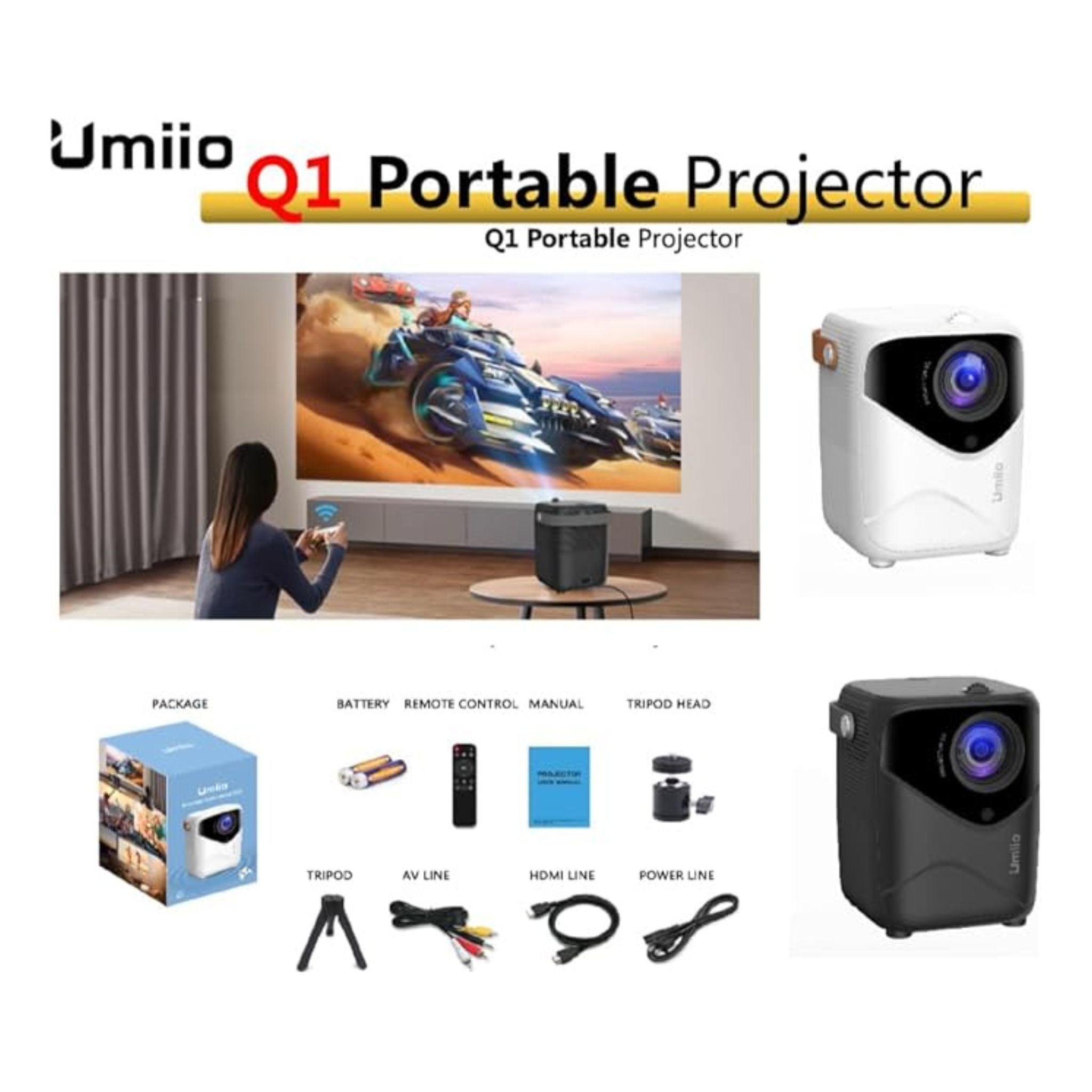 Umiio Q1 Portable Video Projector 2.4/5G WiFi Bluetooth Quadrangle Trapezoid 0.8-5M Projection Distance 1920 * 1080 Resolution Android Projector For Movie Music TV Game Casting with Tripod _White