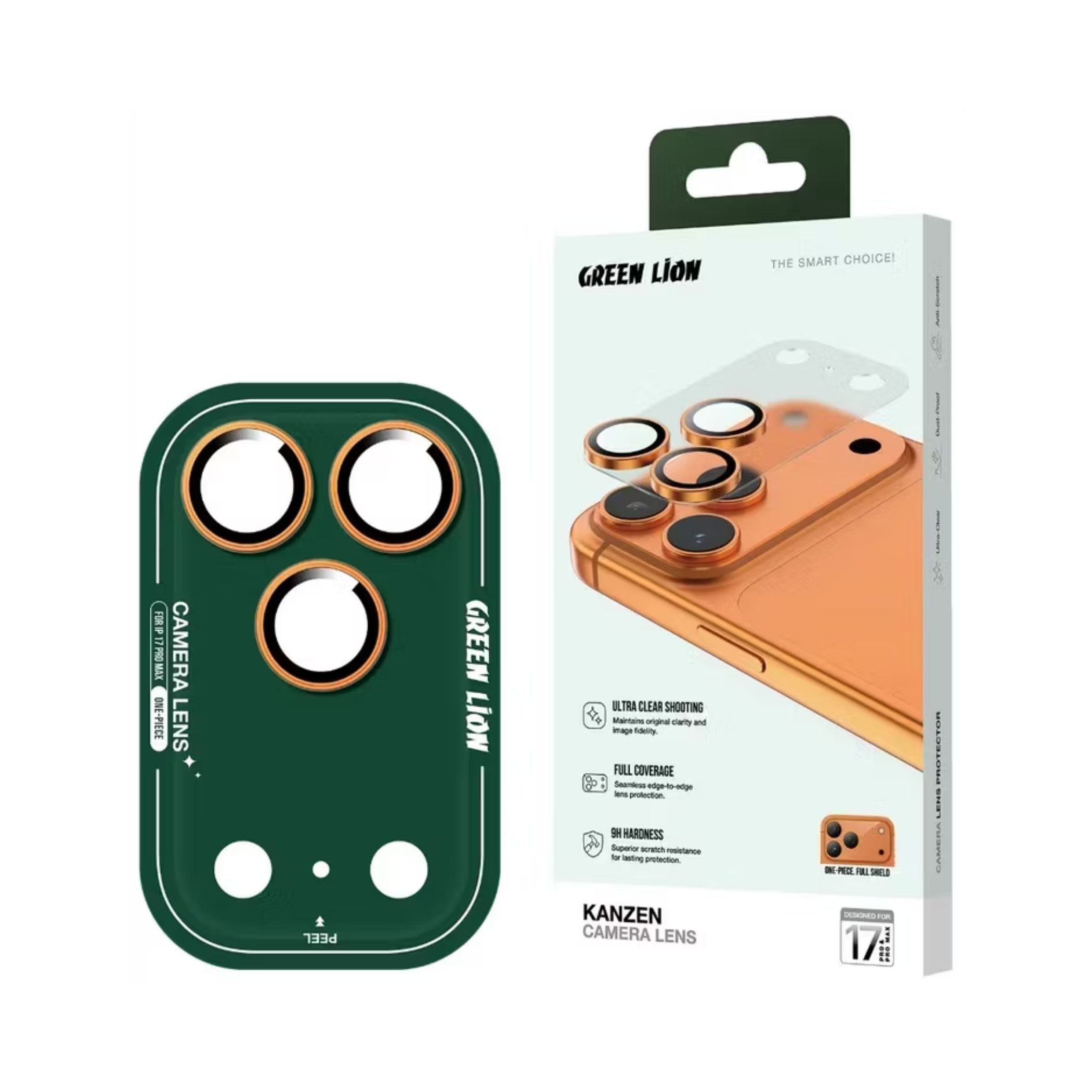 Green Lion Kanzen Camera Lens for iPhone 17 Pro Max, 9H Hardness, Easy to Apply, Anti Fingerprint, Bubble Free, Full Coverage, Ultra Clear Shooting, Impact Resistant, Ultra-Thin Base - Orange