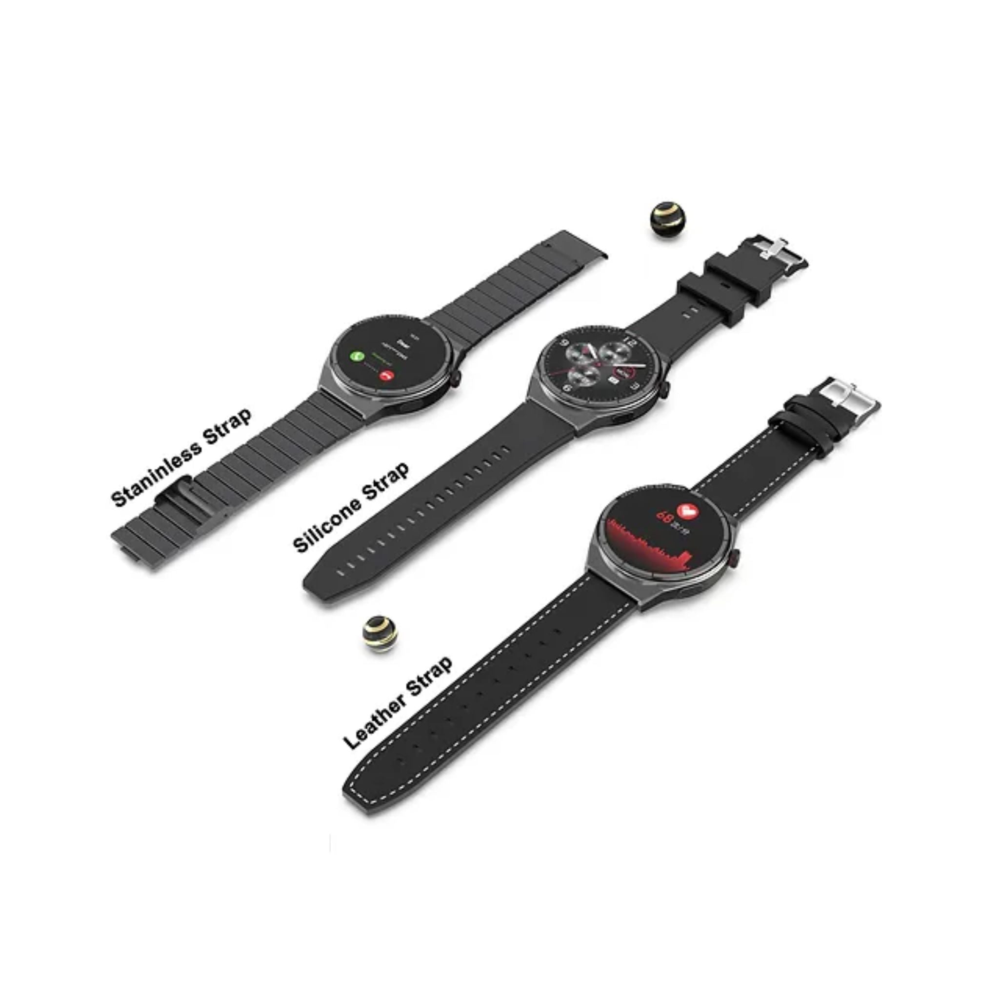 Haino Teko Germany C8 Round Shape Smart Watch with Three Set Strap for Men Black