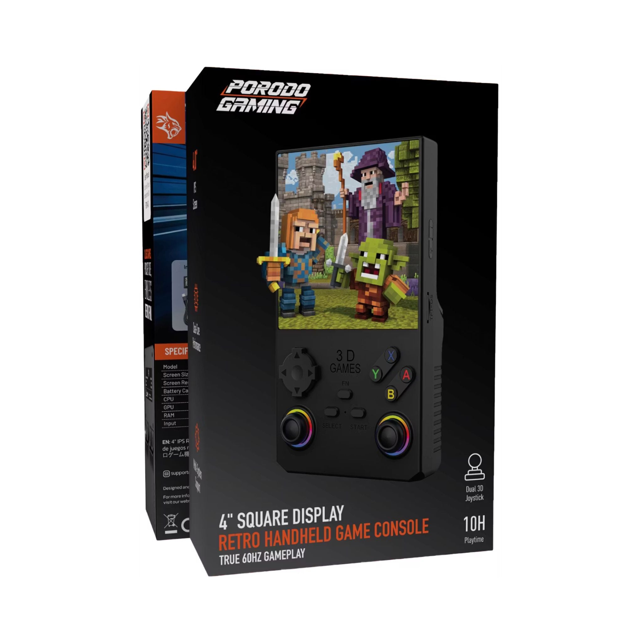 Porodo Gaming 4" Square Display Retro Handheld Game Console, 4000mAh Lithium Polymer Battery, 10 Hours Battery Life, 1GB RAM, Quad-Core Performance, Multi-System Support - Black