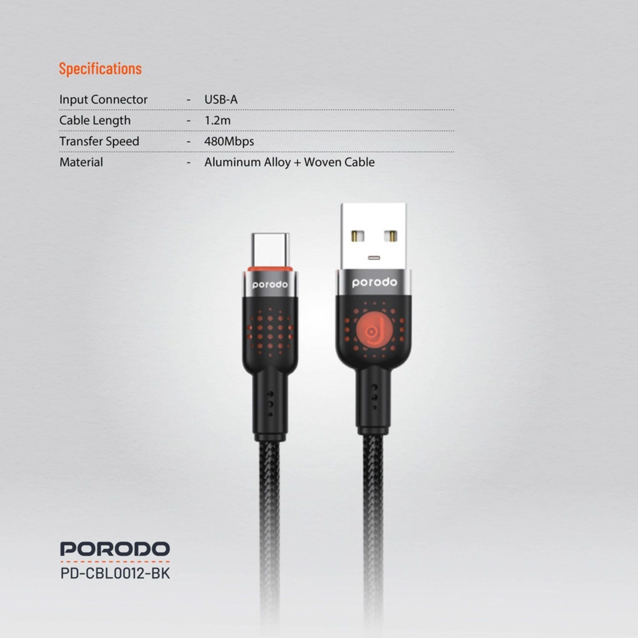 Porodo Braided USB-A to Type-C Cable with 480Mbps Transfer Speed, 1.2m Cable Length, More than 15,000 Bends Lifespan, Tangle-Free Design - Black