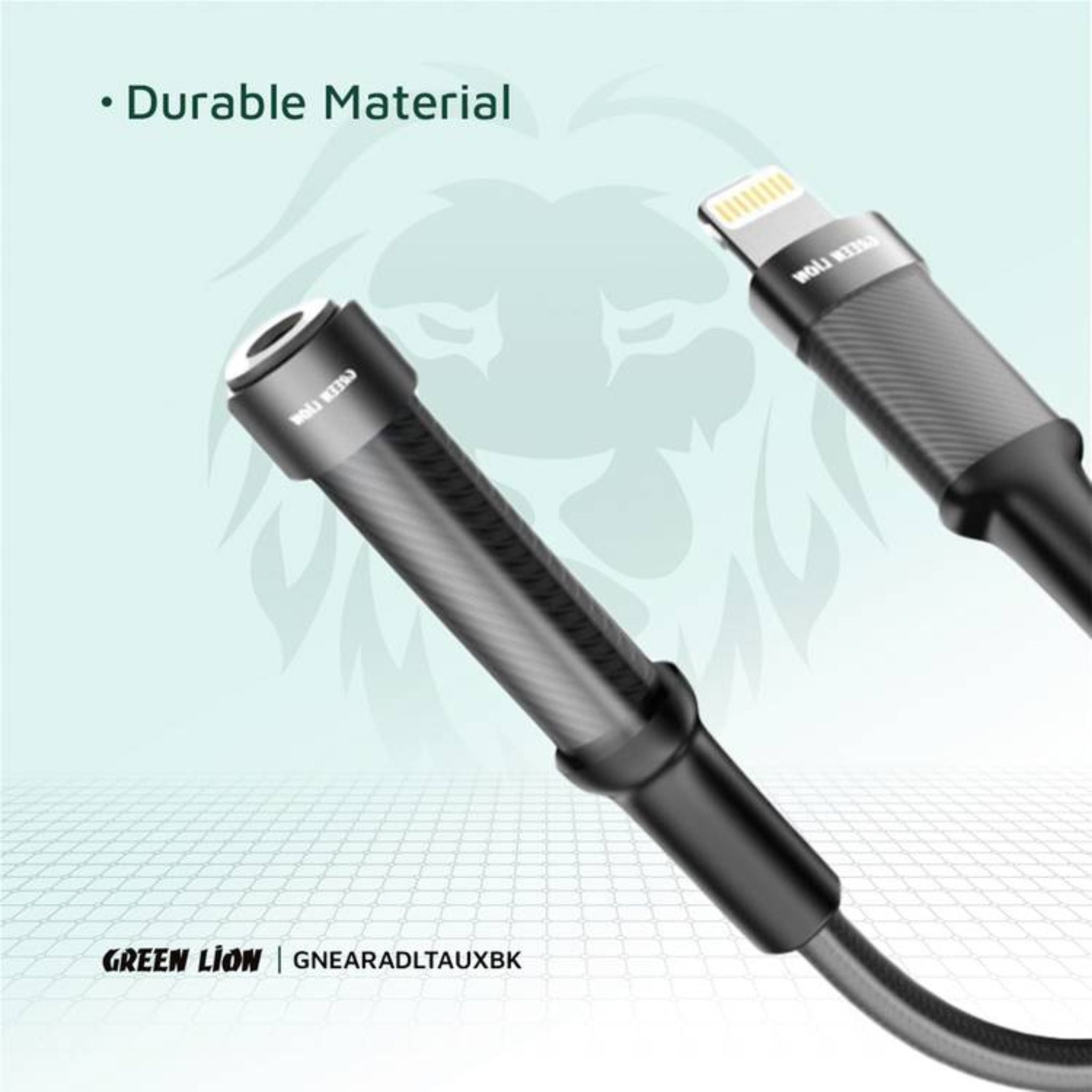 Green Lion Earphone Adapter Lightning to 3.5 Audio Jack, 12cm, Braided Cable, 10000 Bends Life Span, TPE + Aluminum Alloy - Black