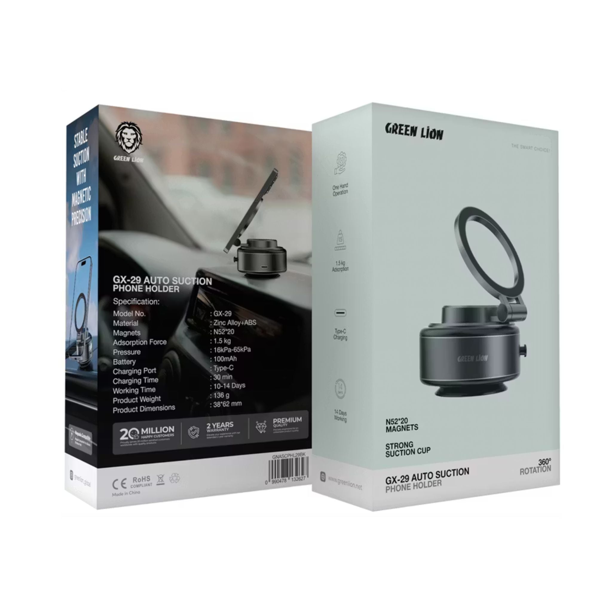 Green Lion GX-29 Auto Suction Phone Holder with 360° Rotation, Strong Suction Cup, 1.5kg Adsorption, One-Hand Operation, MagSafe Compatible, Type-C Charging, 14 Days Working Time - Matte Black