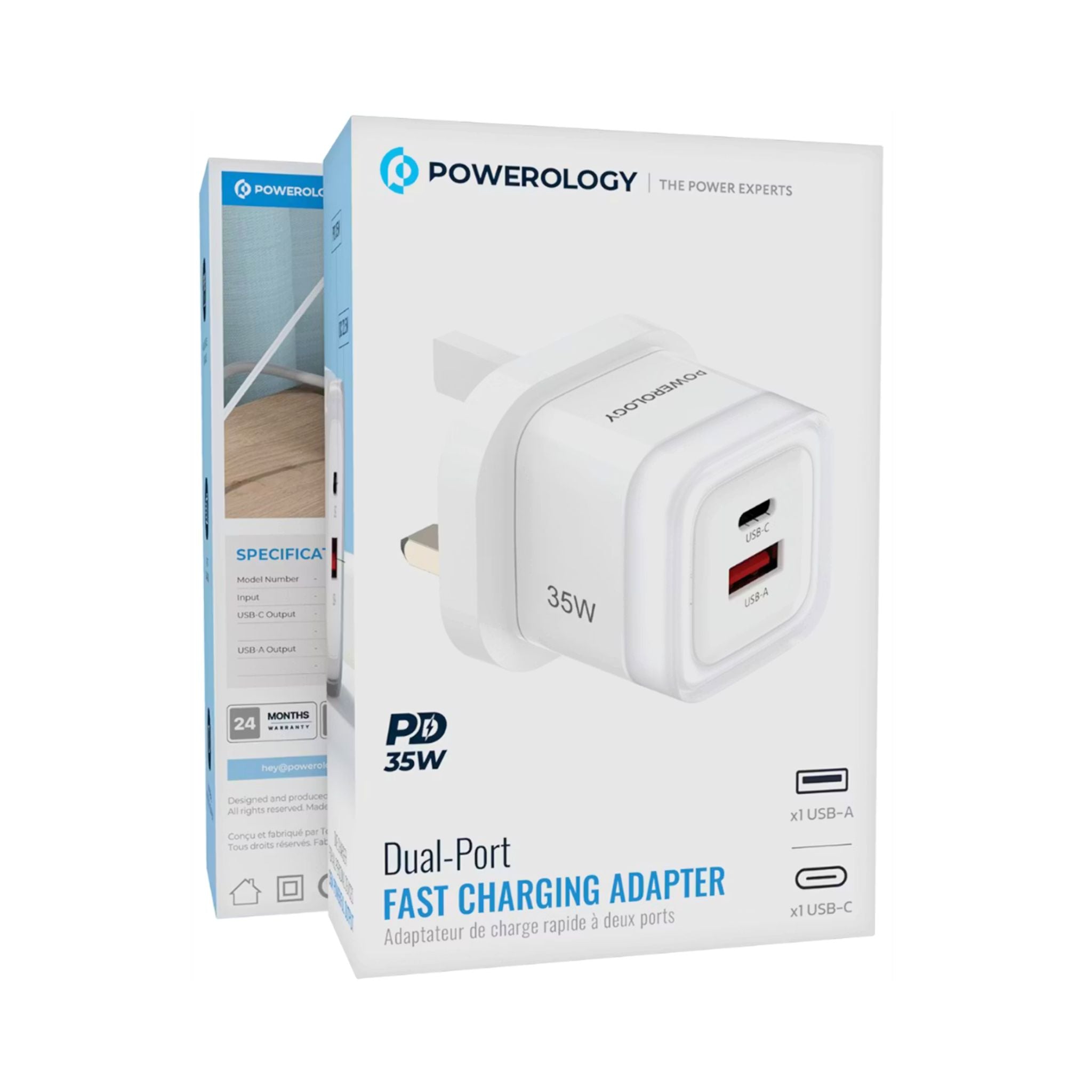 Powerology Lunex Dual-Port Fast Charging Adapter with USB-C & USB-A Ports, 35W Power Delivery, 22.5W USB-A Output, UK 3-Pin Plug, Universal Protocol Support, Multi-Device Charging - White