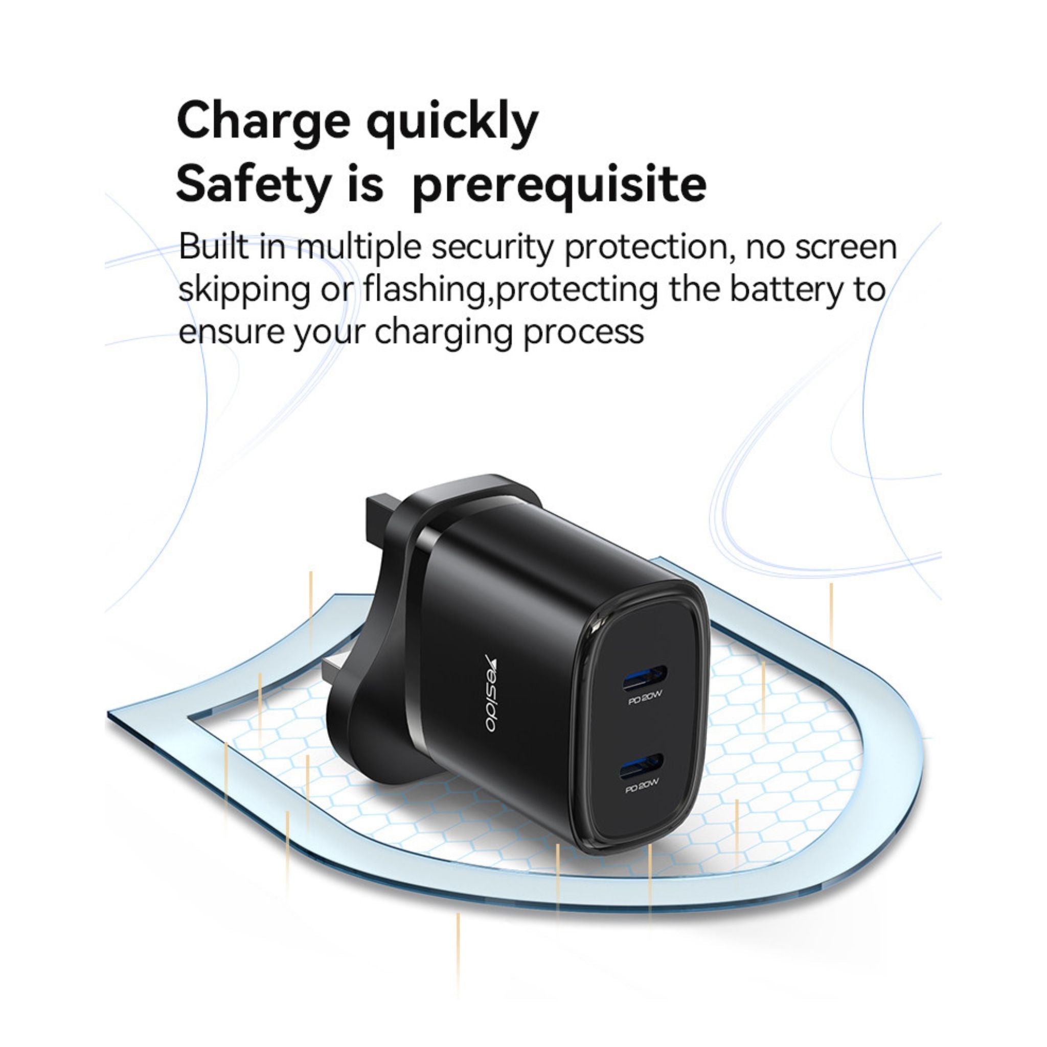 YC55 Yesido Dual Interface PD 20W Fast Charging Safe And Fast UK Triangle Charger Adapter With C To C Cable
