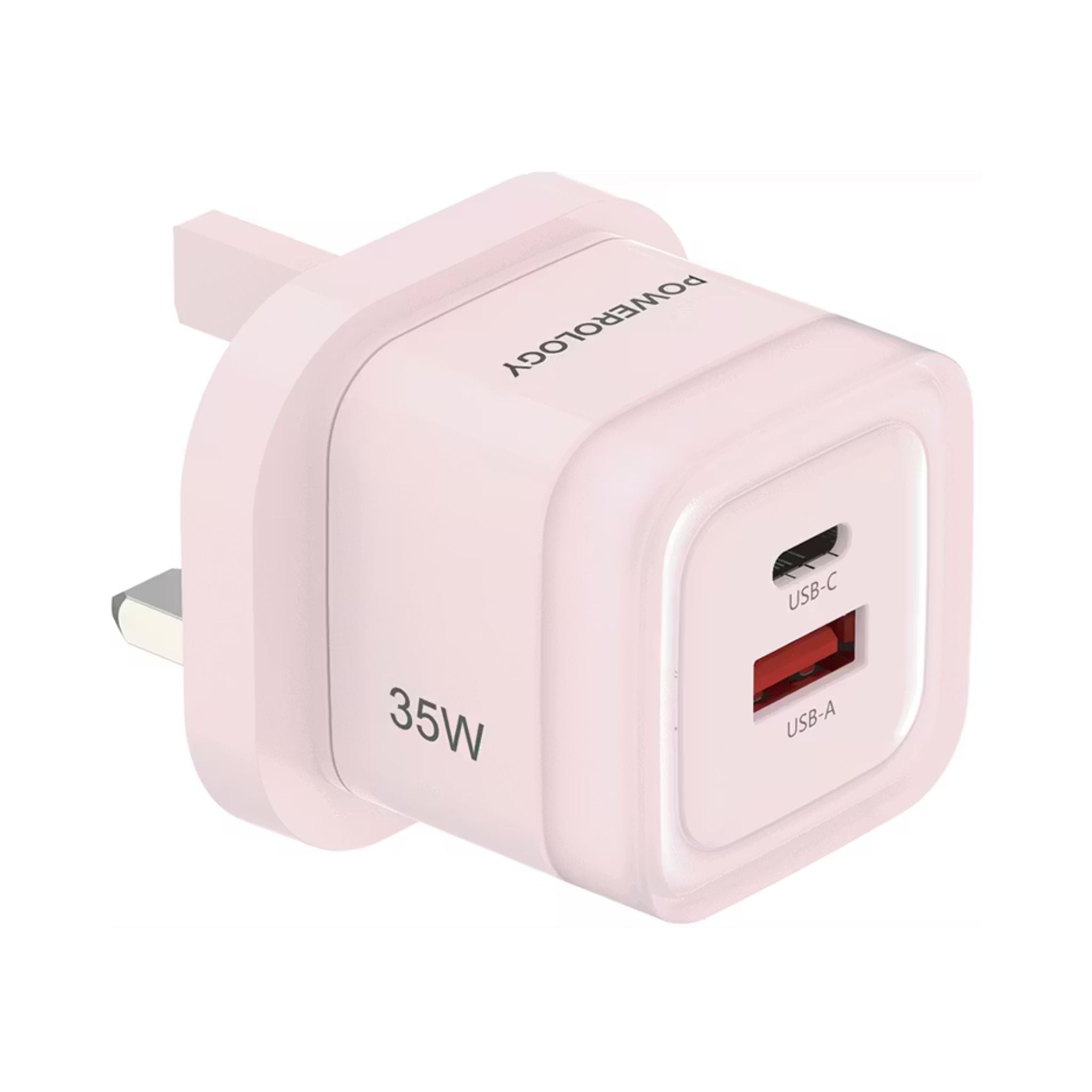 Powerology Lunex Dual-Port Fast Charging Adapter with USB-C & USB-A Ports, 35W Power Delivery, 22.5W USB-A Output, UK 3-Pin Plug, Universal Protocol Support, Multi-Device Charging - Pink