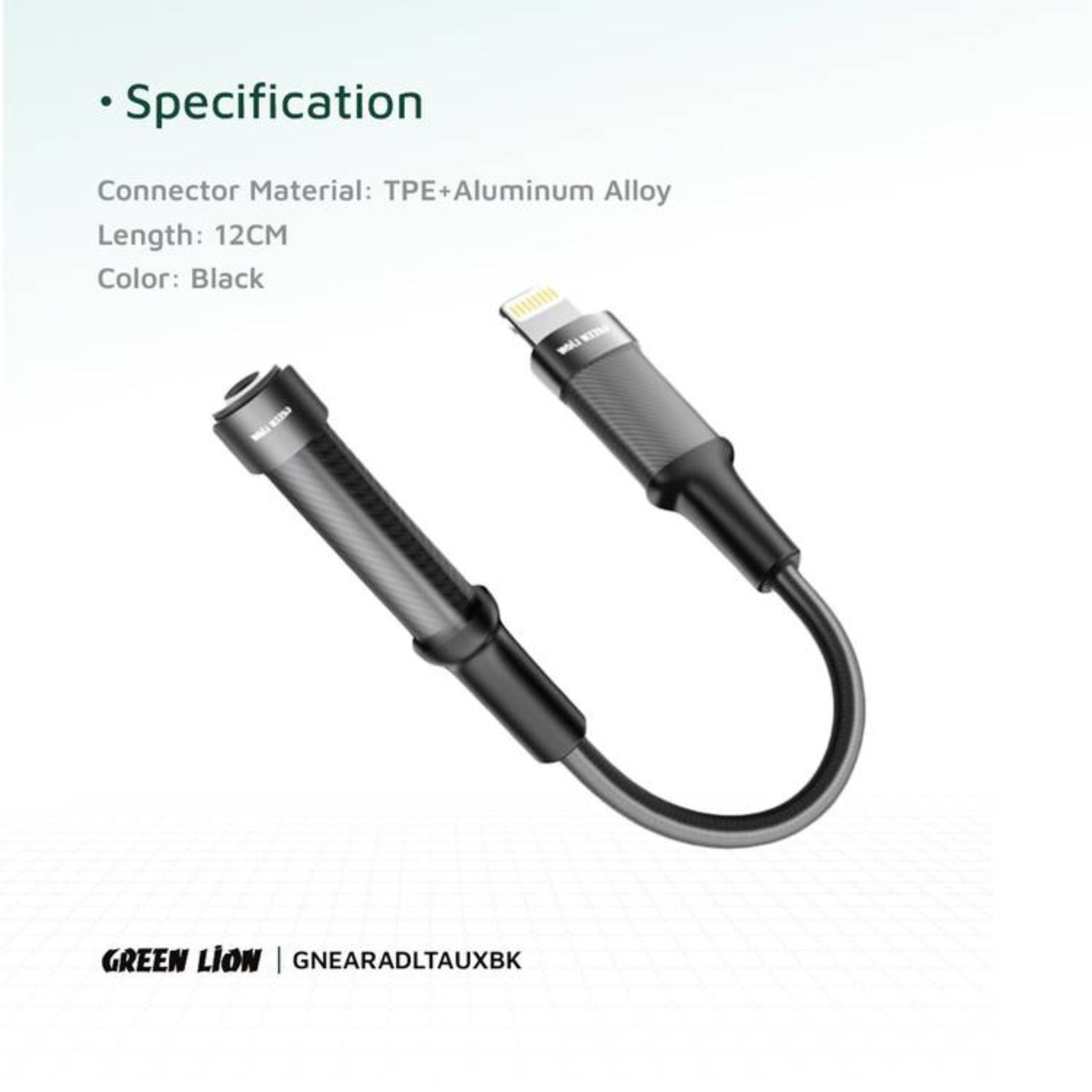 Green Lion Earphone Adapter Lightning to 3.5 Audio Jack, 12cm, Braided Cable, 10000 Bends Life Span, TPE + Aluminum Alloy - Black