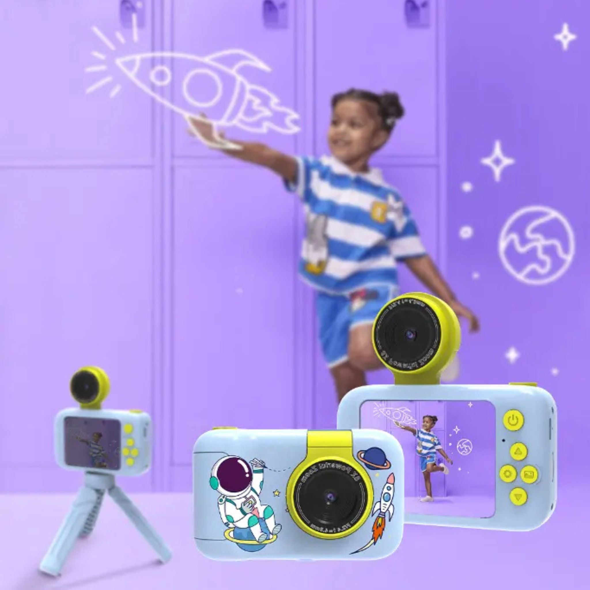 Porodo Lifestyle Kids Flip Digital Camera with Tripod Stand, Type-C Charging Port, 2.4" Wide Screen, 1000mAh Battery Capacity - Blue