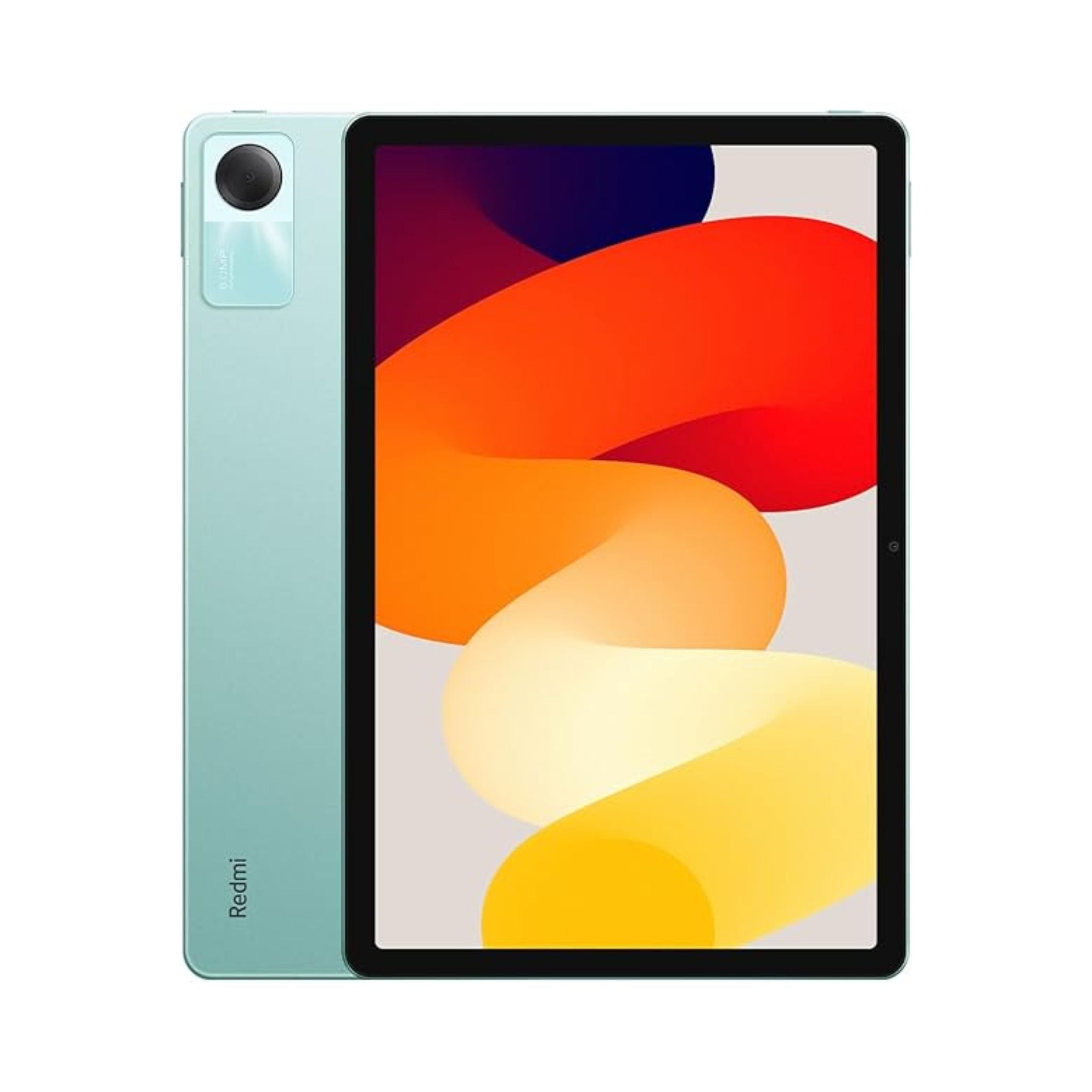 Tablet with colorful display and green back on a white background