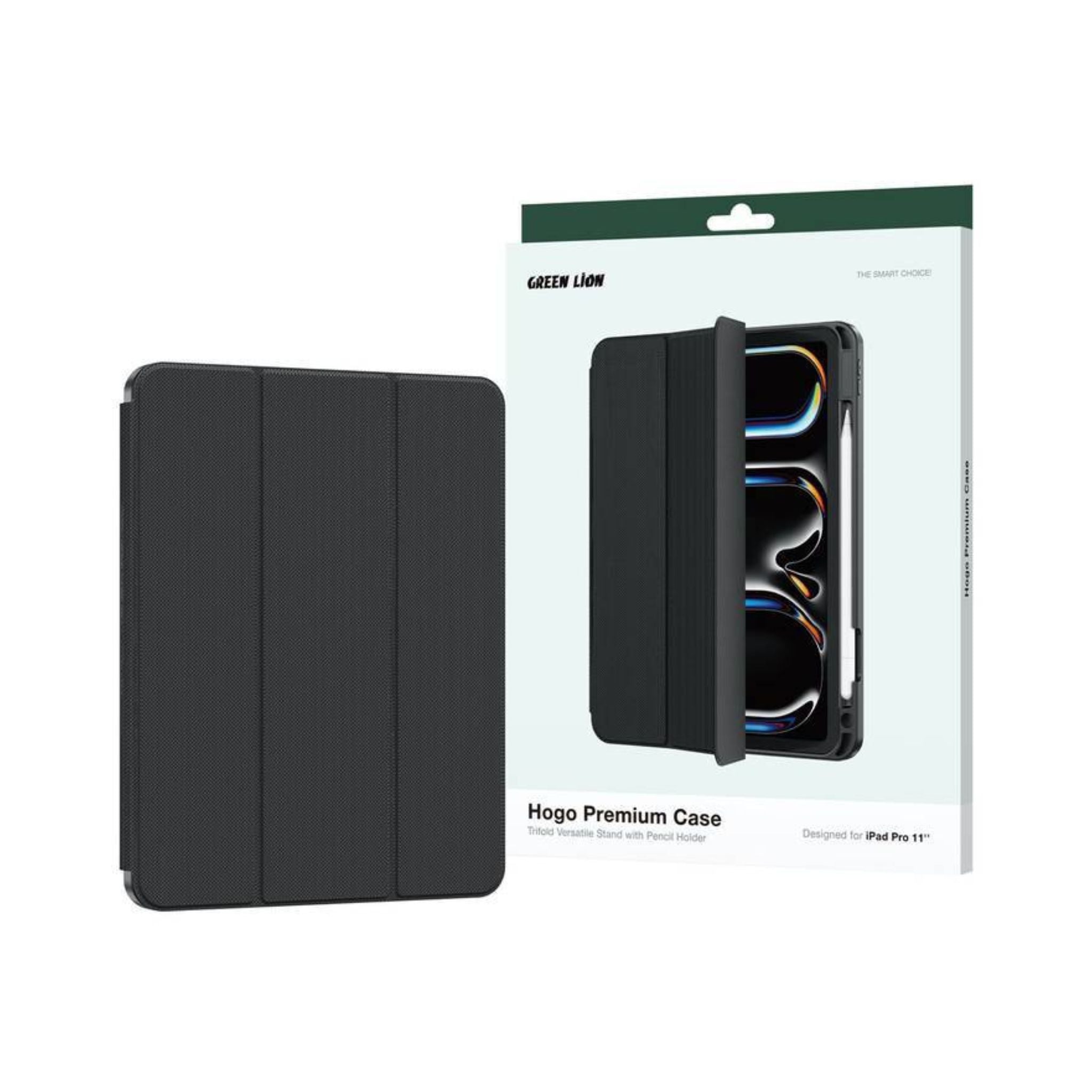 Green Lion Hogo Premium Case with Pencil Holder for iPad Pro 11", Ultra Slim Fit, Stable Tri-Fold Stand, Built-in Pencil Holder, Magnetic Smart Cover, Auto Sleep/Wake - Black