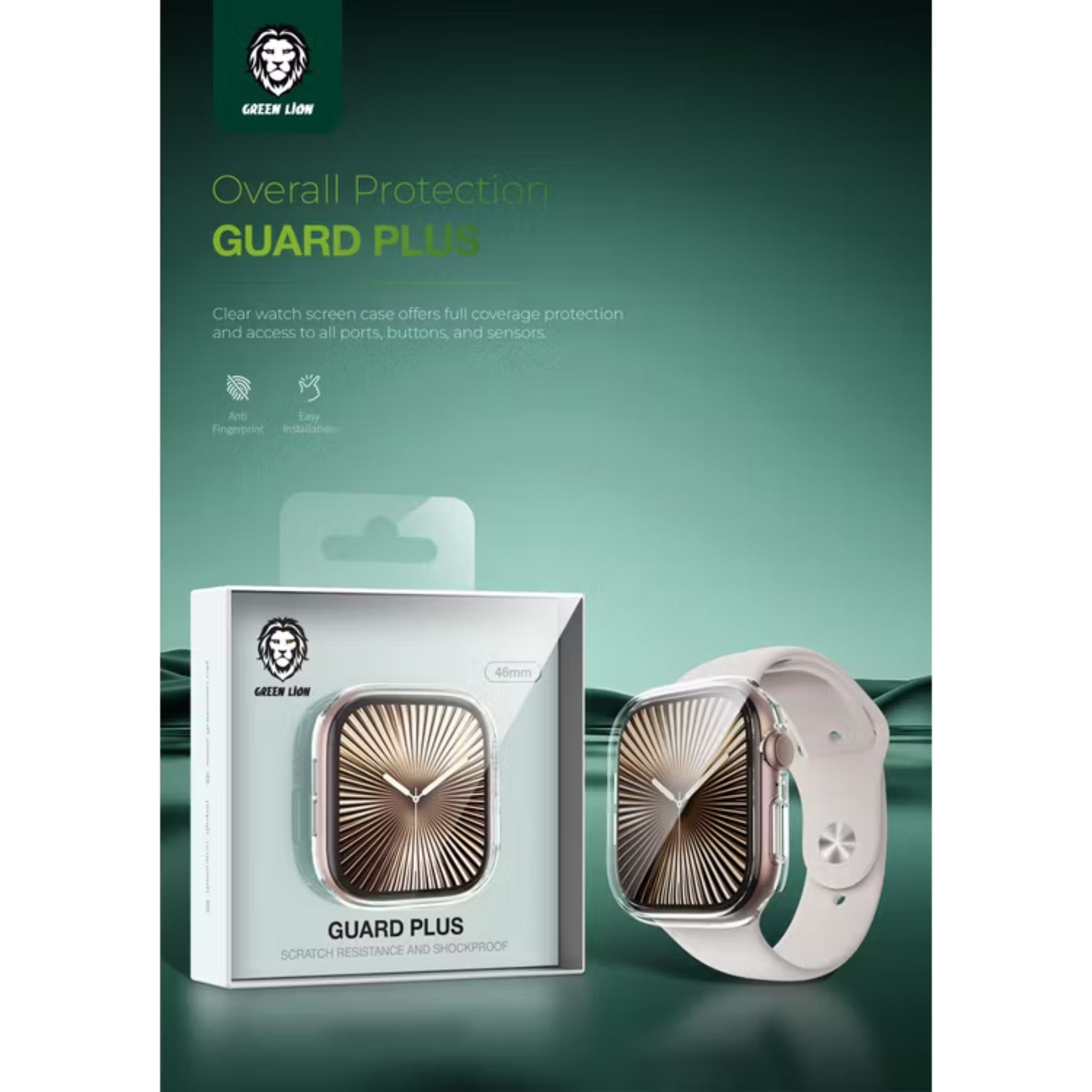 Green Lion Guard Plus PC Case for Apple Watch 46mm, Scratch Resistance, Anti-Fingerprint, Shock Proof, Easy Installation, Ultra Lightweight, Touch Sensitivity - Clear