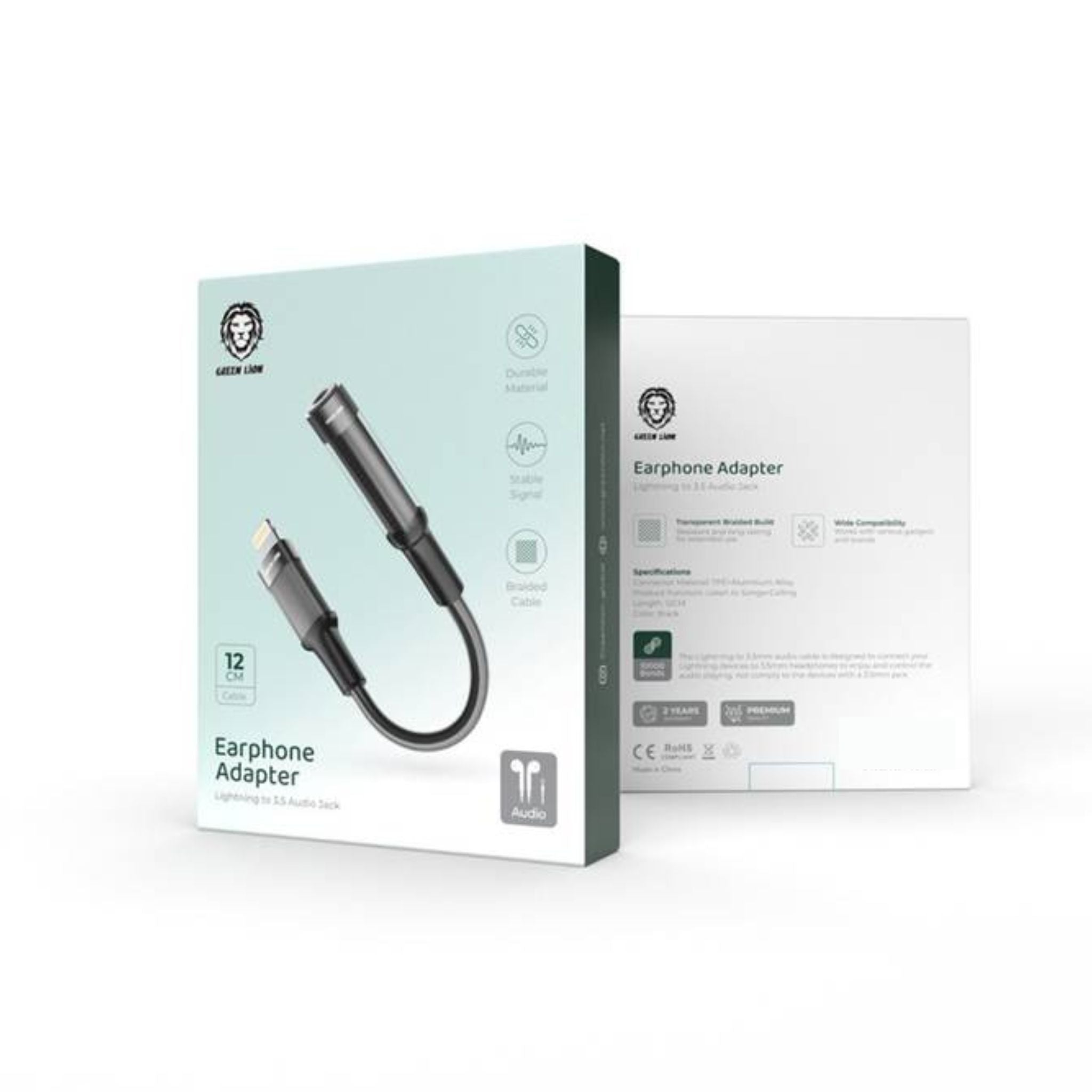 Green Lion Earphone Adapter Lightning to 3.5 Audio Jack, 12cm, Braided Cable, 10000 Bends Life Span, TPE + Aluminum Alloy - Black