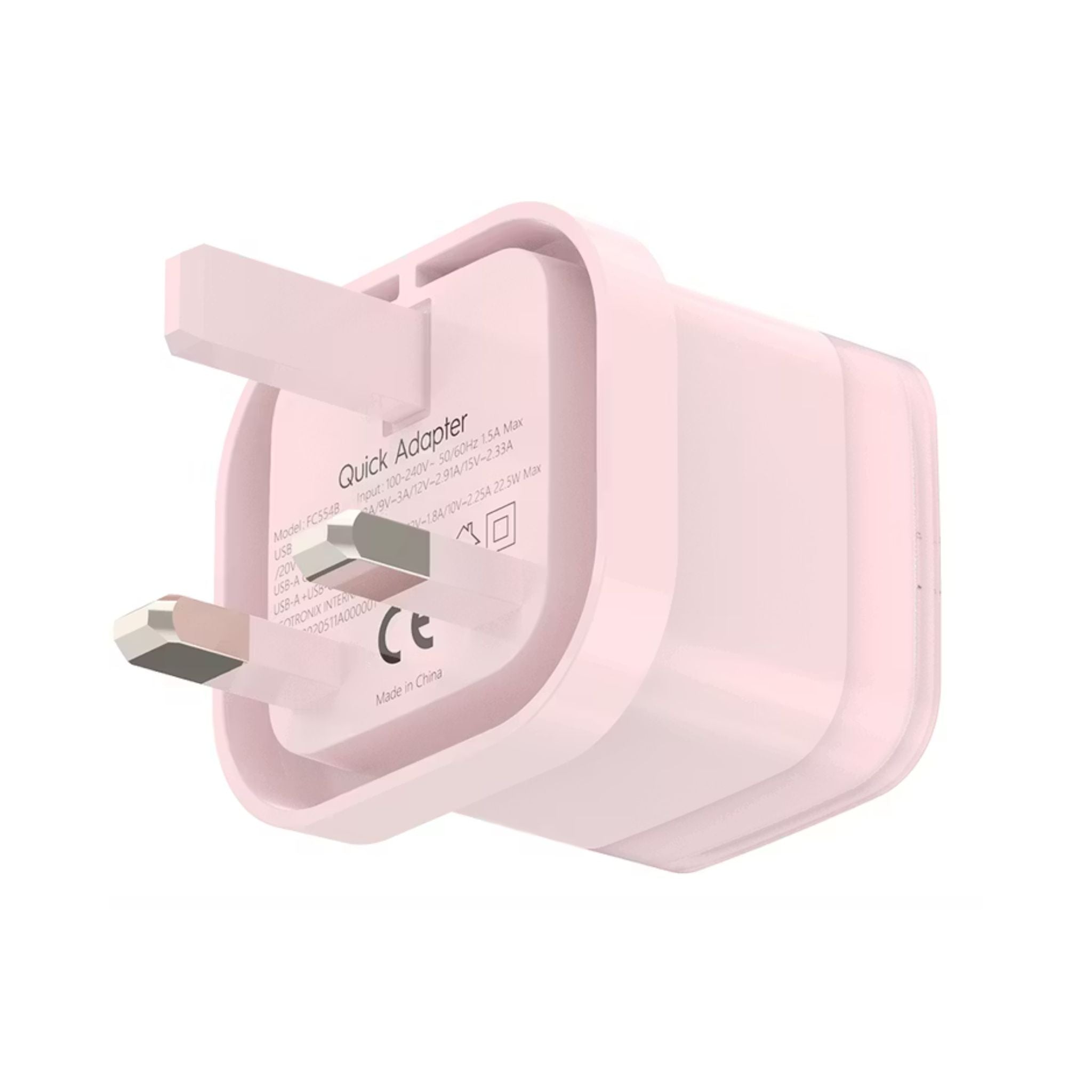 Powerology Lunex Dual-Port Fast Charging Adapter with USB-C & USB-A Ports, 35W Power Delivery, 22.5W USB-A Output, UK 3-Pin Plug, Universal Protocol Support, Multi-Device Charging - Pink
