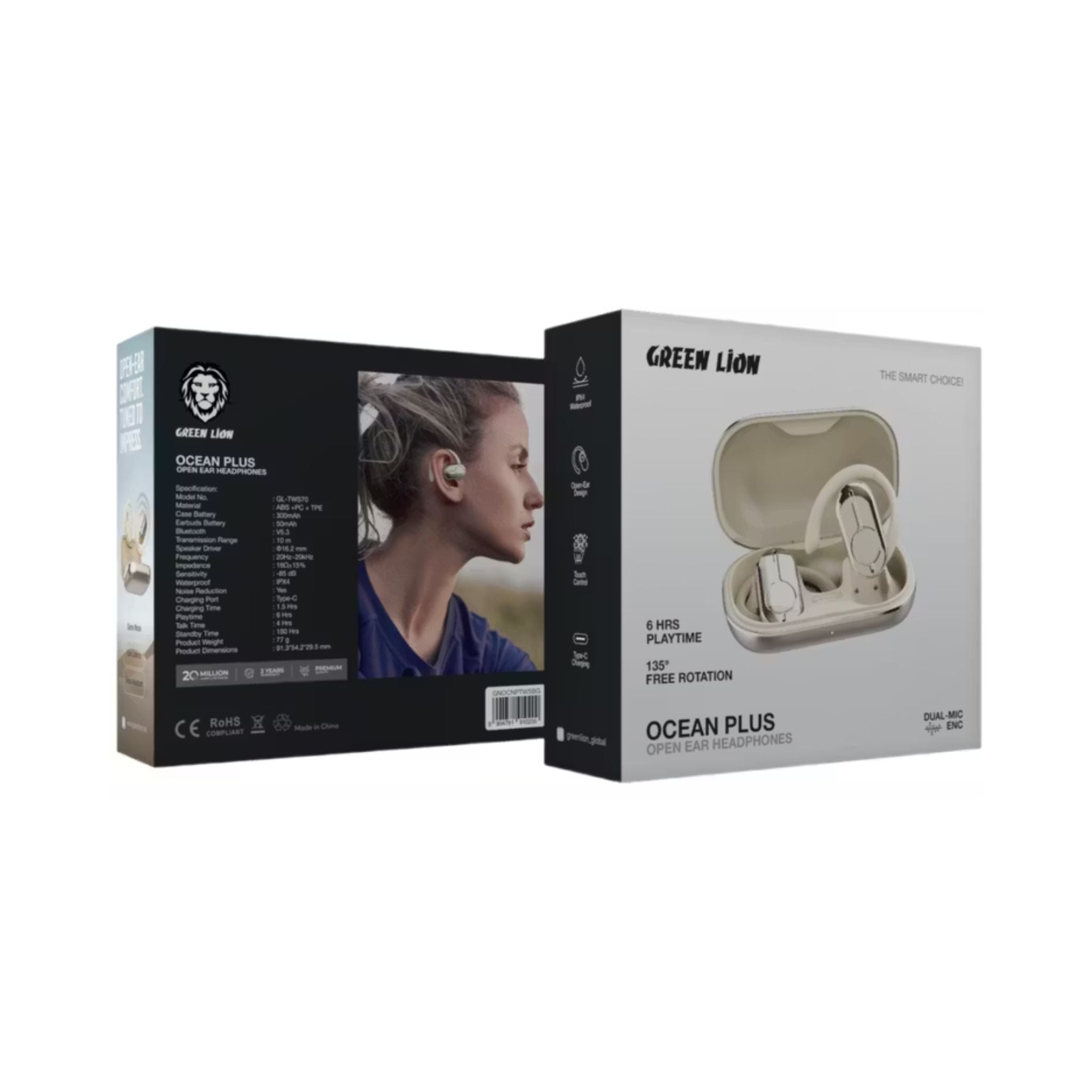 Green Lion Ocean Plus Open-Ear Earbuds with Dual-Mic ENC, Up to 6 Hours Playtime, 135° Free Rotation, 300mAh Charging Case Battery Capacity, Game Mode, Low Latency, 180 Hours Standby Time, IPX4 Waterproof - Beige