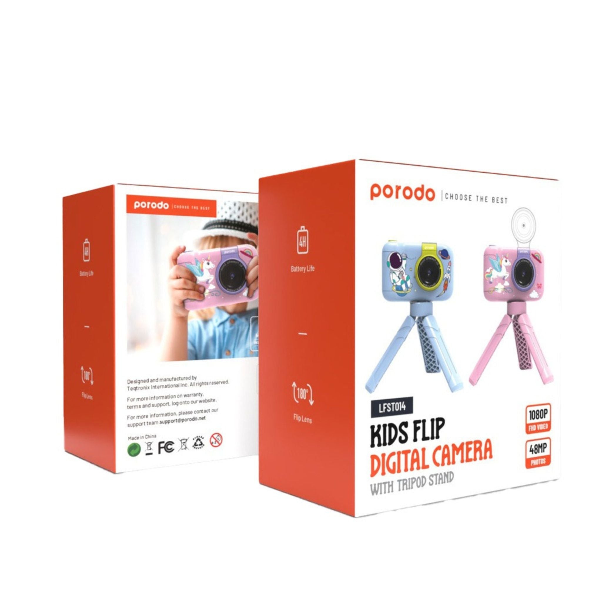 Porodo Lifestyle Kids Flip Digital Camera with Tripod Stand, Type-C Charging Port, 2.4" Wide Screen, 1000mAh Battery Capacity - Pink