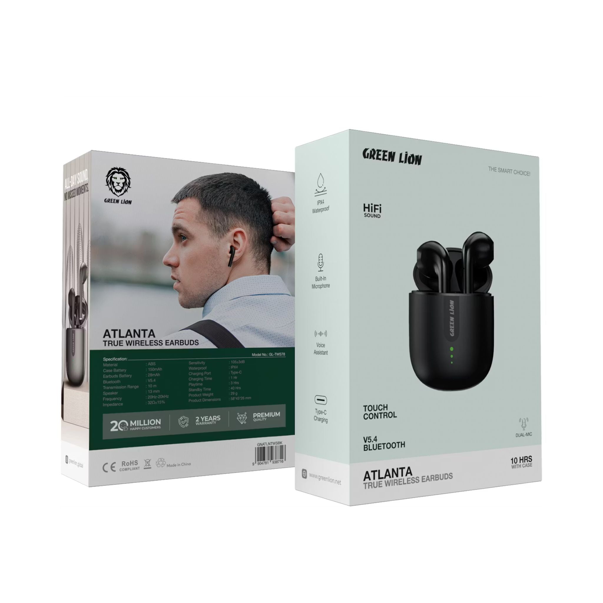 Green Lion Atlanta True Wireless Earbuds with Built-in Microphone, IPX4 Waterproof Level, Voice Assistant, HiFi Sound, Touch Control, 3 Hours Playtime - Black