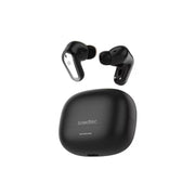 Black wireless earbuds with charging case on a white background