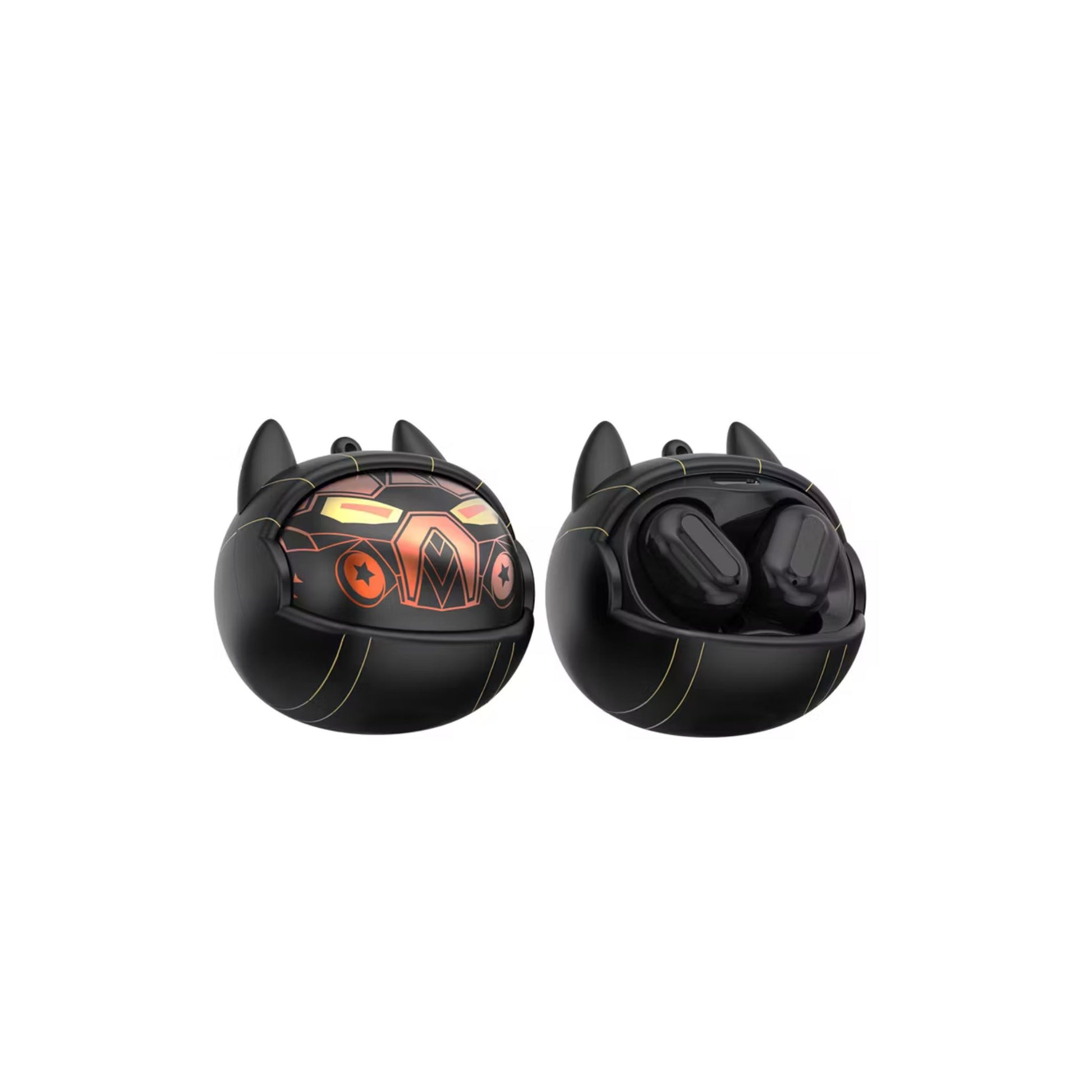 Black cat-shaped containers with orange accents on a white background
