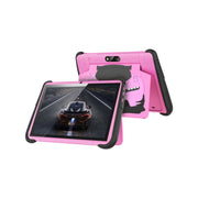 Porodo 10.1 inch Kids Android Tablet in pink color with a protective case, displayed from different angles with a car game on the screen.