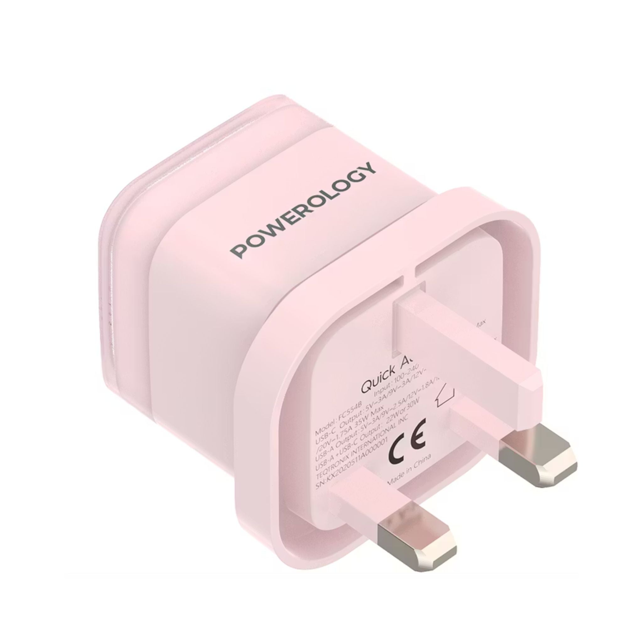 Powerology Lunex Dual-Port Fast Charging Adapter with USB-C & USB-A Ports, 35W Power Delivery, 22.5W USB-A Output, UK 3-Pin Plug, Universal Protocol Support, Multi-Device Charging - Pink