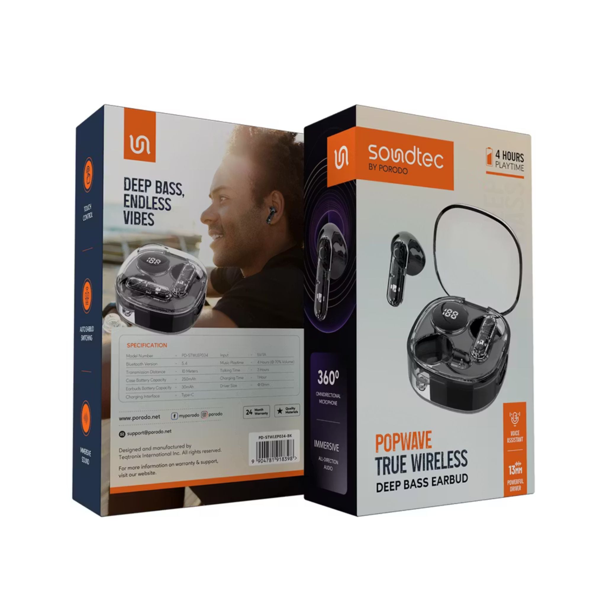 Porodo Soundtec Popwave True Wireless Earbuds with Up to 4 Hours of Playtime, 10m Transmission Distance, Bluetooth Version 5.4, 360° Omnidirectional Microphone - Black