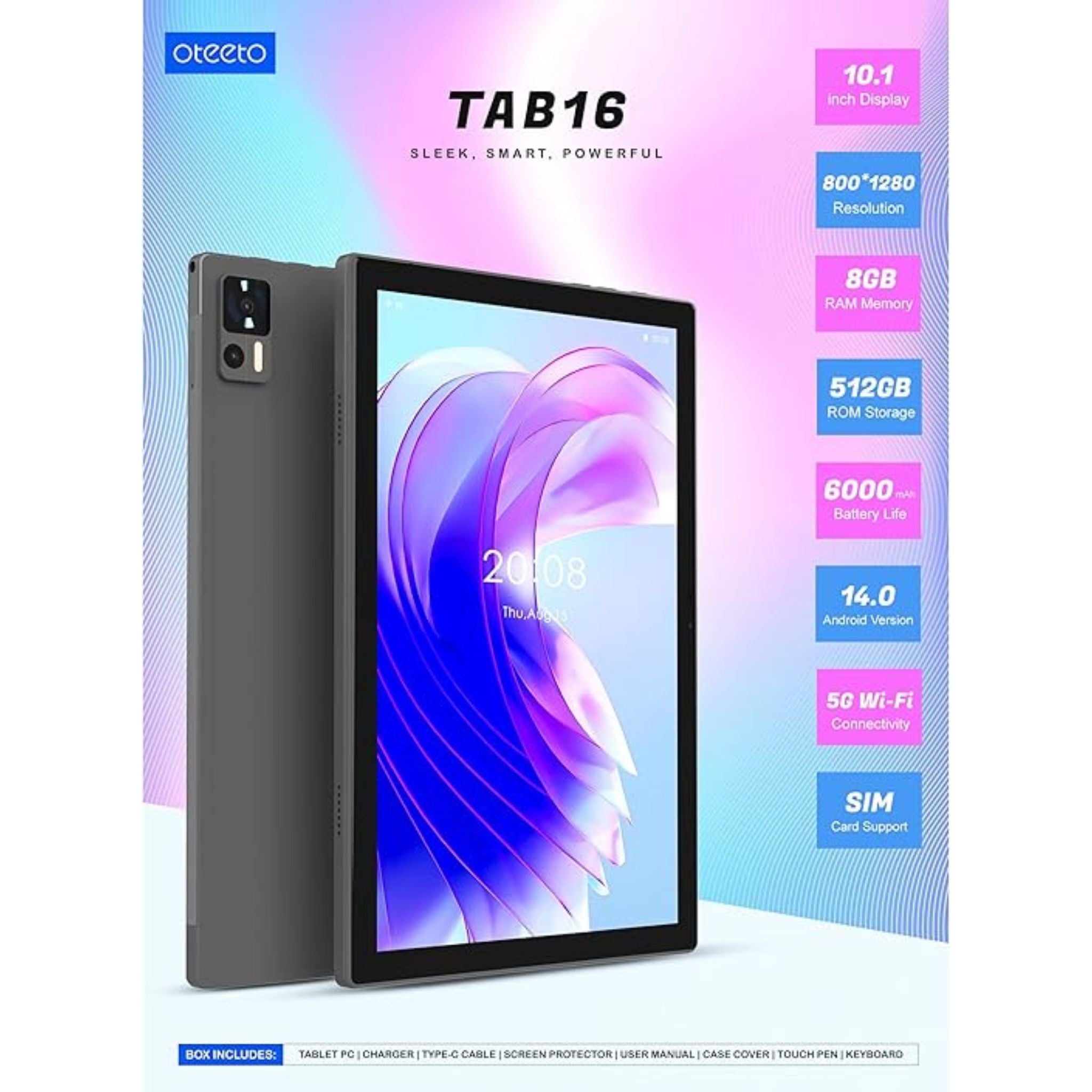 OTEETO Tab 16 10.1-inch IPS LCD Display | Octa-Core 2.0GHz Processor | Android 14 | 4G Connectivity | 6000mAh Battery | 12GB RAM + 512GB Storage | 8MP Front Camera + 13MP Rear Camera | Includes Keyboard & Touch Pen