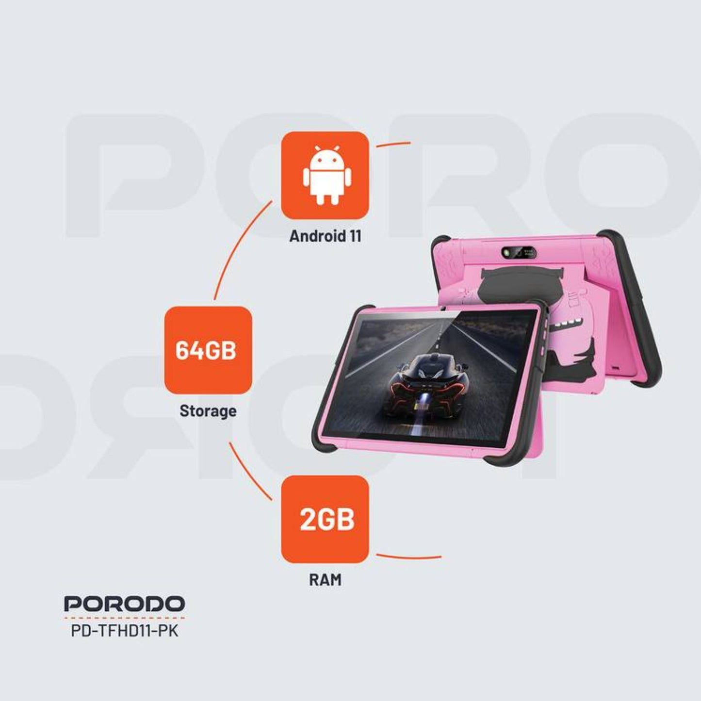 Porodo 10.1" Kids Android Tablet with 4000 mAh Battery Capacity, 64GB Storage, 2GB RAM, Type-C Charging Port, Audio Jack, Bluetooth V4.2, 2 Nano Sim Cards, Android 11 - Pink