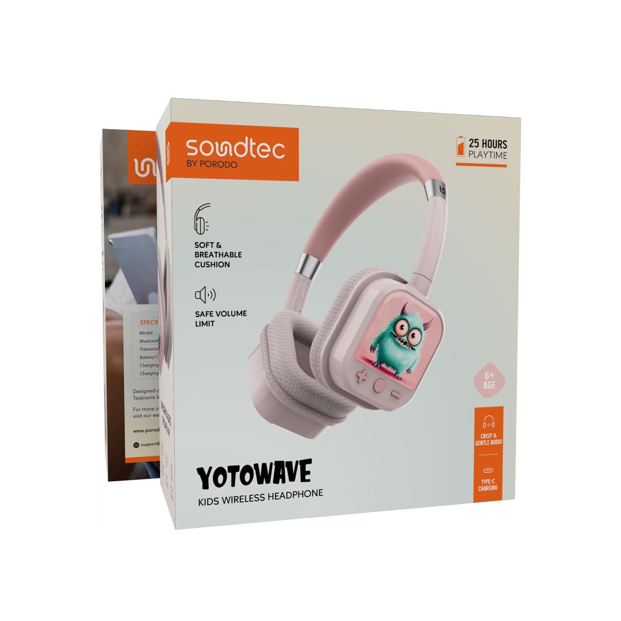 Porodo Soundtec Yotowave Kids Wireless Headphones with Comfortable & Breathable Cushion, 200mAh Battery, Up to 25 Hours Play Time, 40mm Speaker Size, Bluetooth Version 5.4, Recommended for Kids Aged 6+, Skin-Friendly Material, Safe Volume Limit - Pink