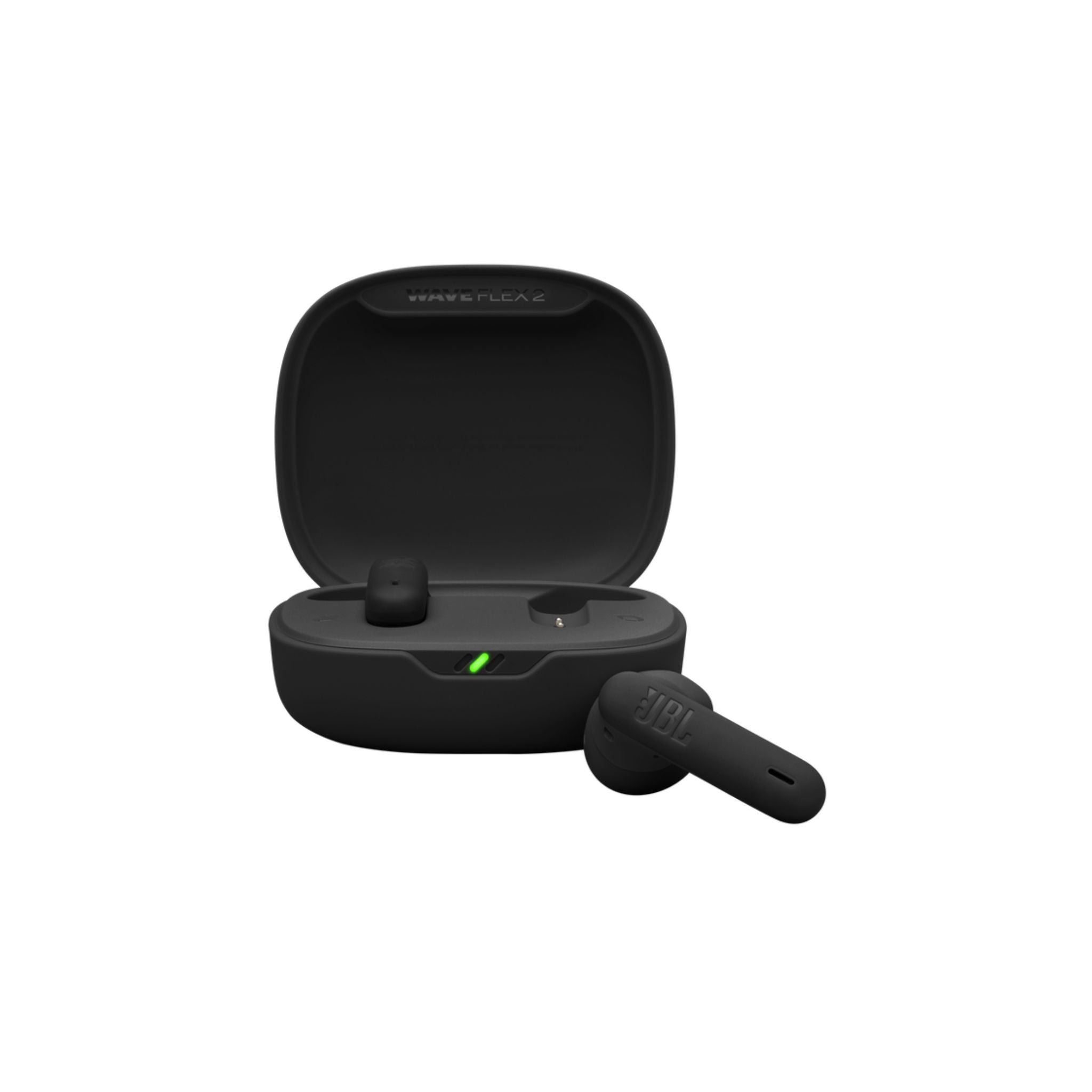 JBL Wave Flex 2 True Wireless Earbuds in black color, with earbuds case open showing the earbuds and microphones.