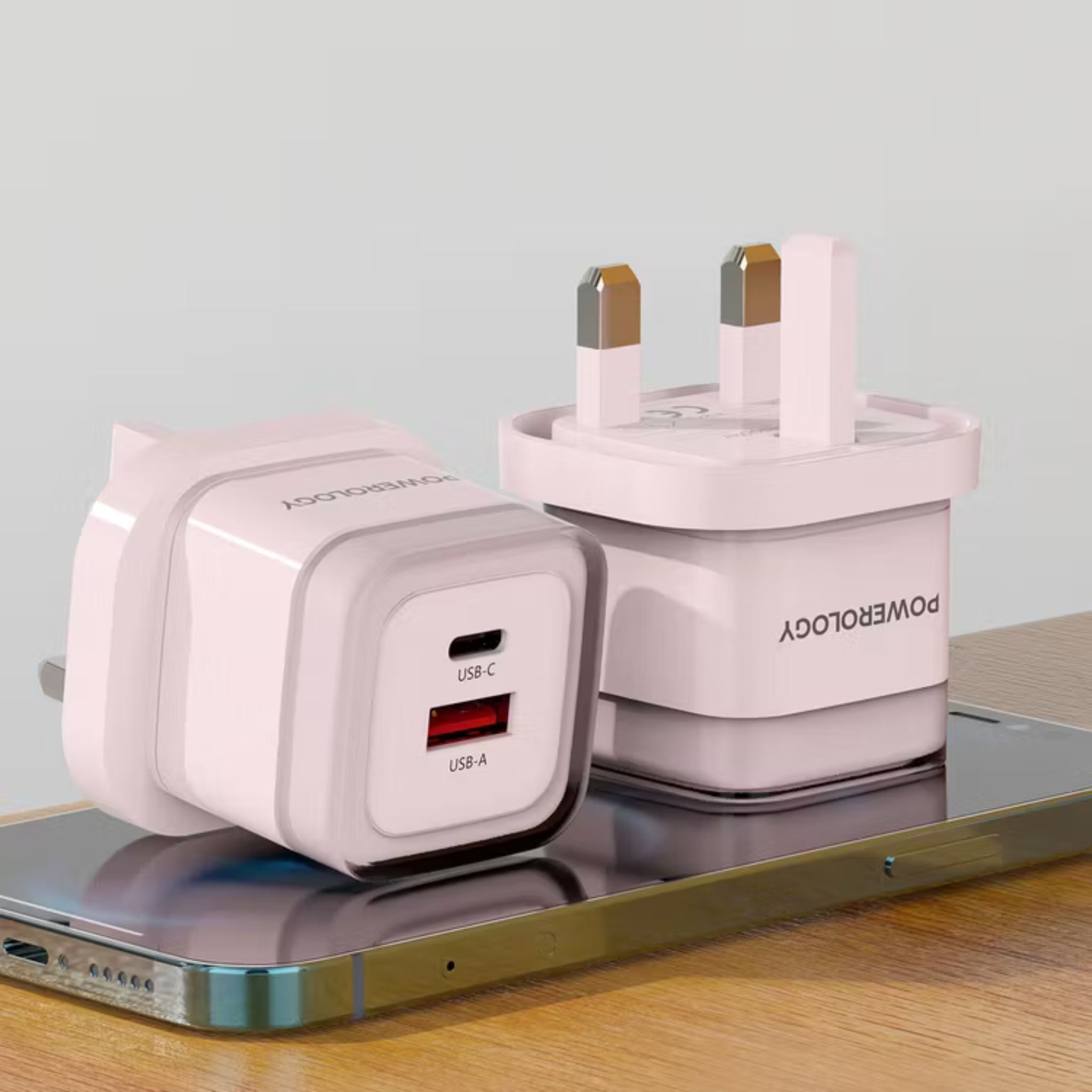 Powerology Lunex Dual-Port Fast Charging Adapter with USB-C & USB-A Ports, 35W Power Delivery, 22.5W USB-A Output, UK 3-Pin Plug, Universal Protocol Support, Multi-Device Charging - Pink