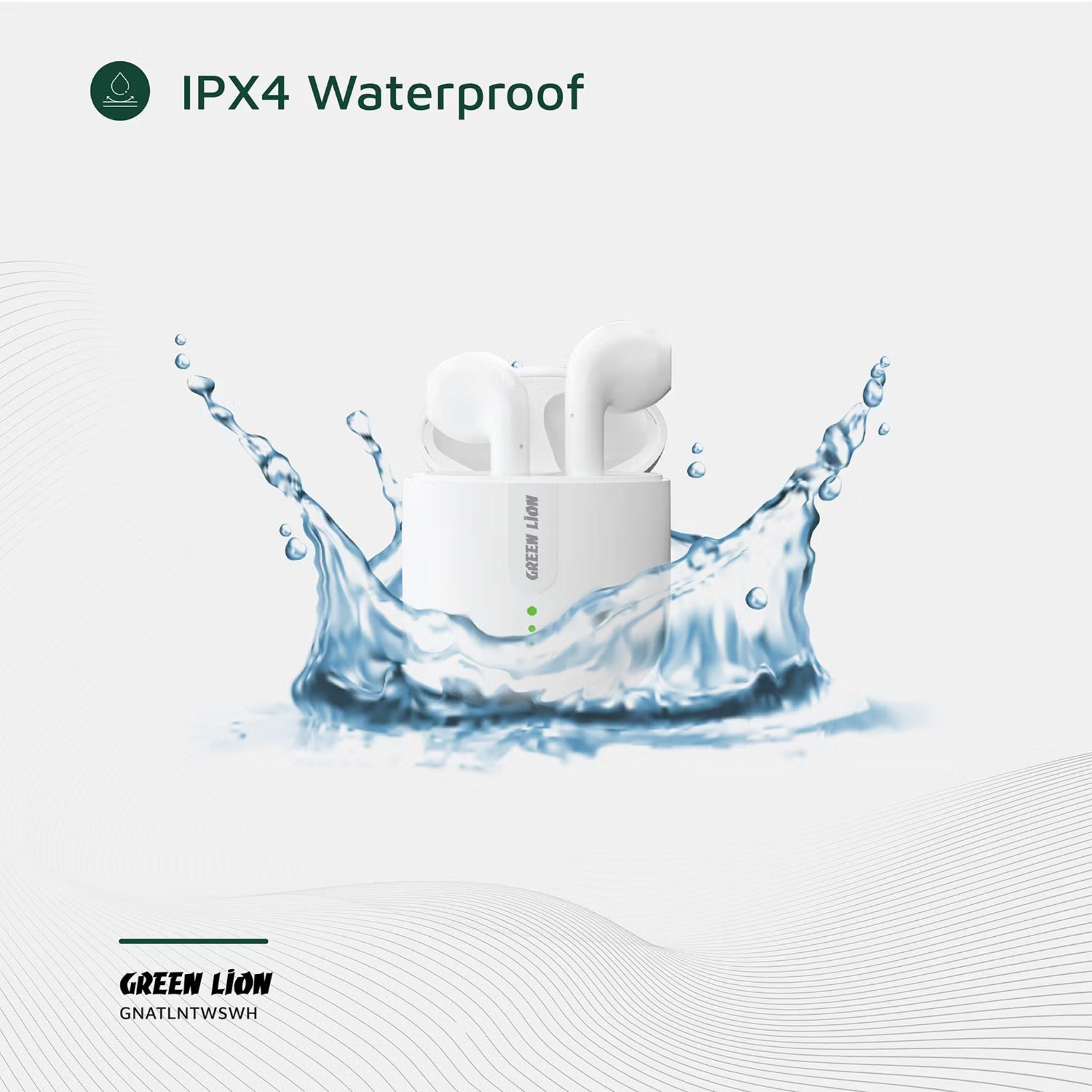 Green Lion Atlanta True Wireless Earbuds with Built-in Microphone, IPX4 Waterproof Level, Voice Assistant, HiFi Sound, Touch Control, 3 Hours Playtime - White