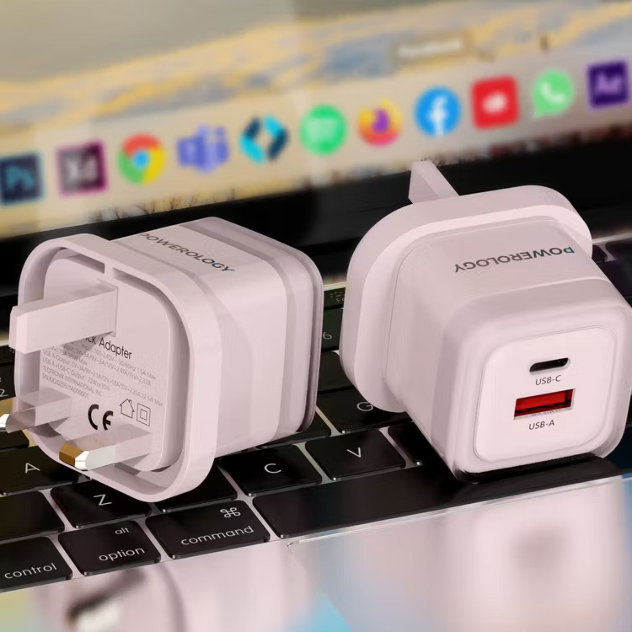 Powerology Lunex Dual-Port Fast Charging Adapter with USB-C & USB-A Ports, 35W Power Delivery, 22.5W USB-A Output, UK 3-Pin Plug, Universal Protocol Support, Multi-Device Charging - Pink