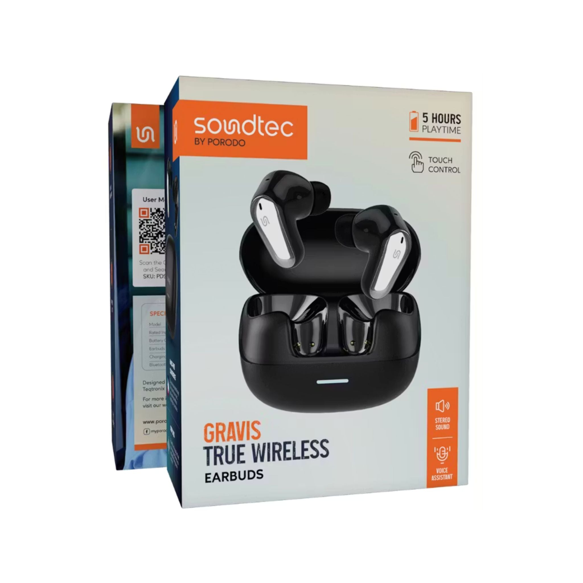 Porodo Gravis True Wireless Earbuds with Touch Control, Up to 5 Hours Play Time, 300mAh Charging Case & 38mAh Earbuds Battery, Sweat & Water Resistant, Voice Assistant, Stereo Sound - Black