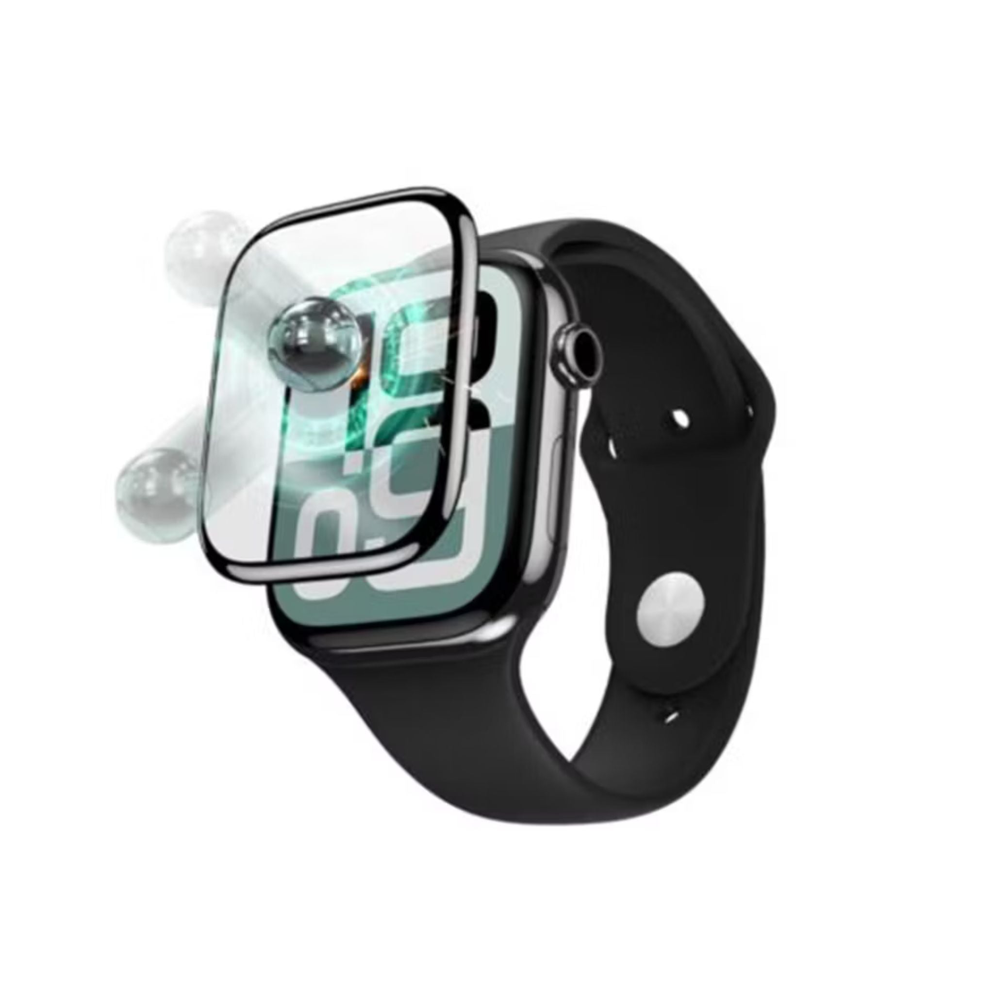 Smartwatch with a black band and screen protector on a white background