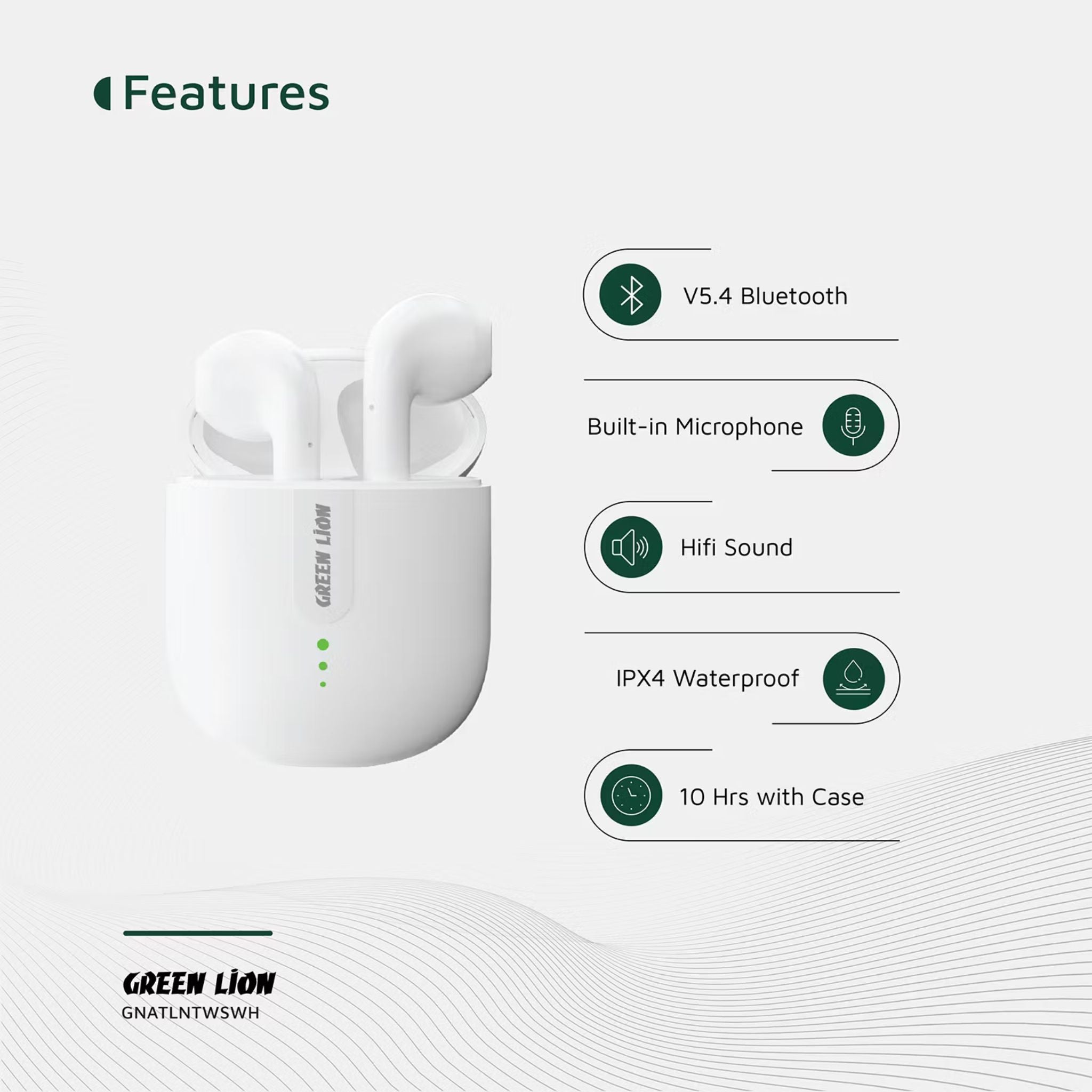 Green Lion Atlanta True Wireless Earbuds with Built-in Microphone, IPX4 Waterproof Level, Voice Assistant, HiFi Sound, Touch Control, 3 Hours Playtime - White