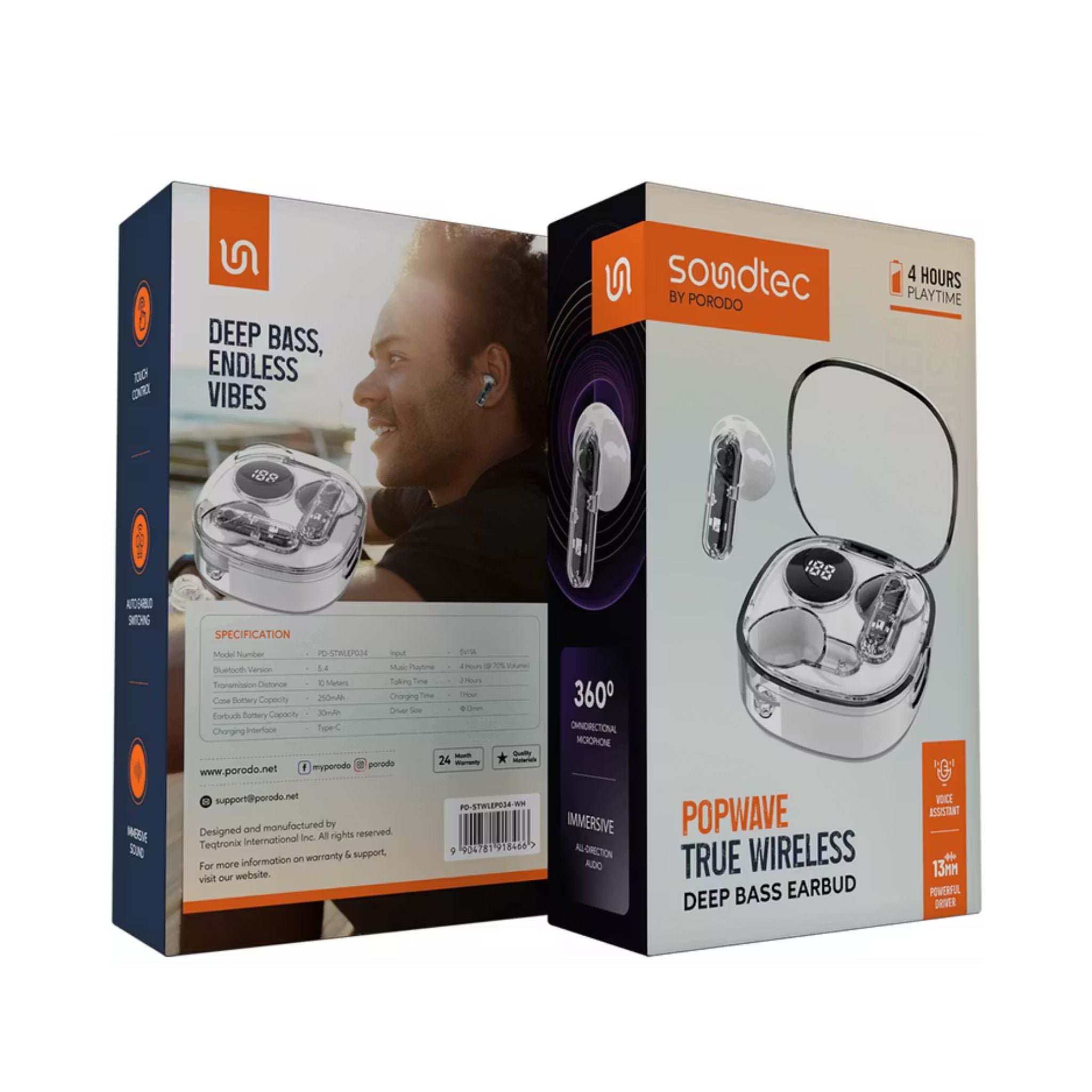 Porodo Soundtec Popwave True Wireless Earbuds with Up to 4 Hours of Playtime, 10m Transmission Distance, Bluetooth Version 5.4, 360° Omnidirectional Microphone - White
