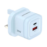 Powerology Lunex Dual-Port Fast Charging Adapter with USB-C & USB-A Ports, 35W Power Delivery, 22.5W USB-A Output, UK 3-Pin Plug, Universal Protocol Support, Multi-Device Charging - Blue