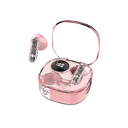 Pink wireless earbuds with charging case on a white background