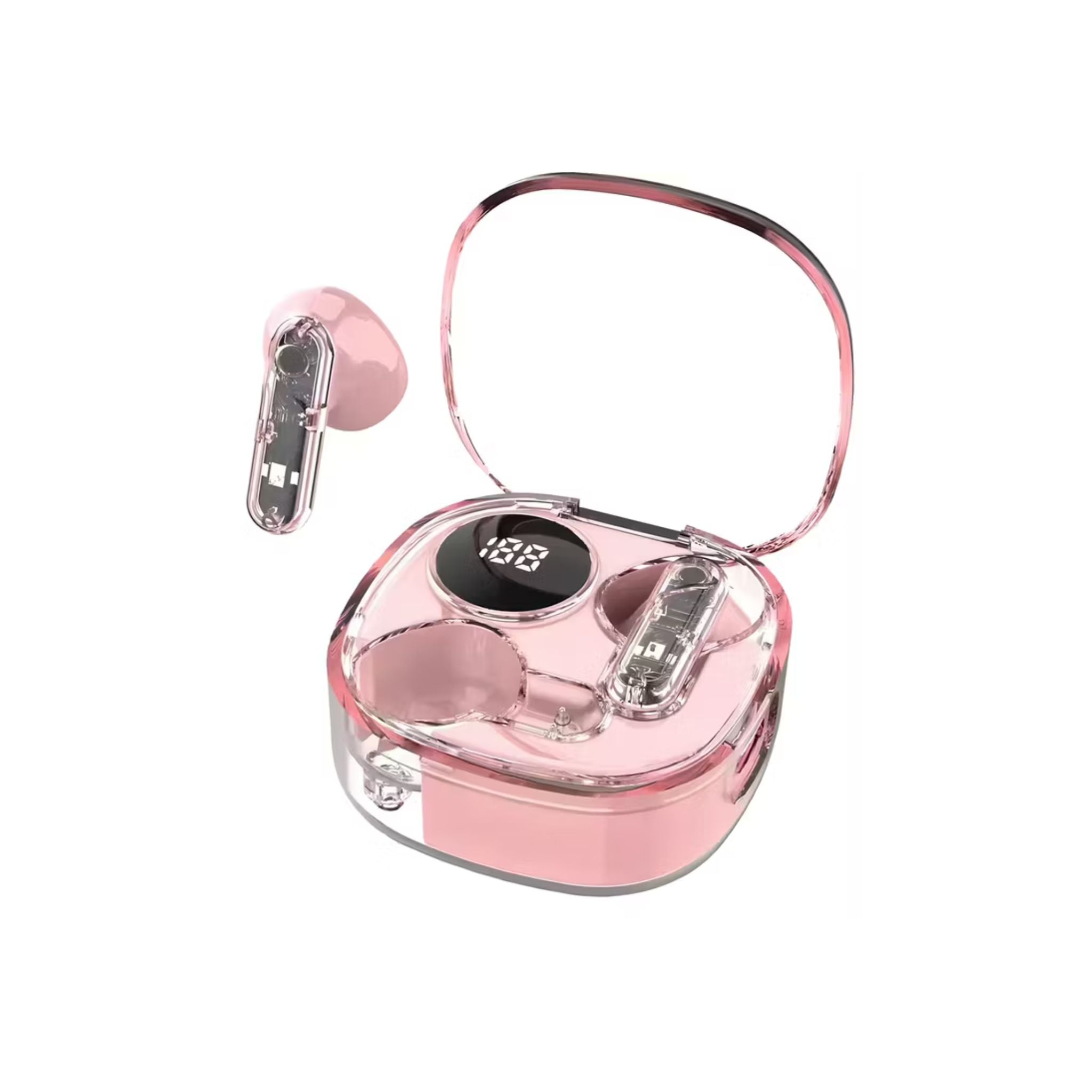 Pink wireless earbuds with charging case on a white background