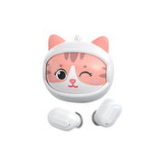 Wireless earbuds with a cat-themed design on a white background
