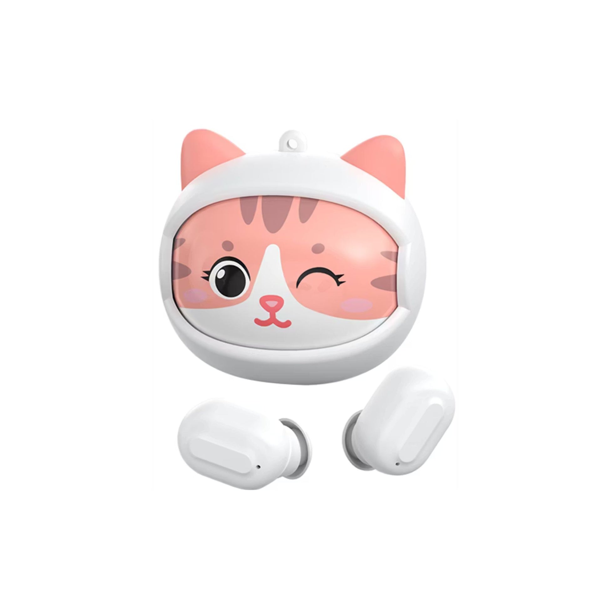 Wireless earbuds with a cat-themed design on a white background