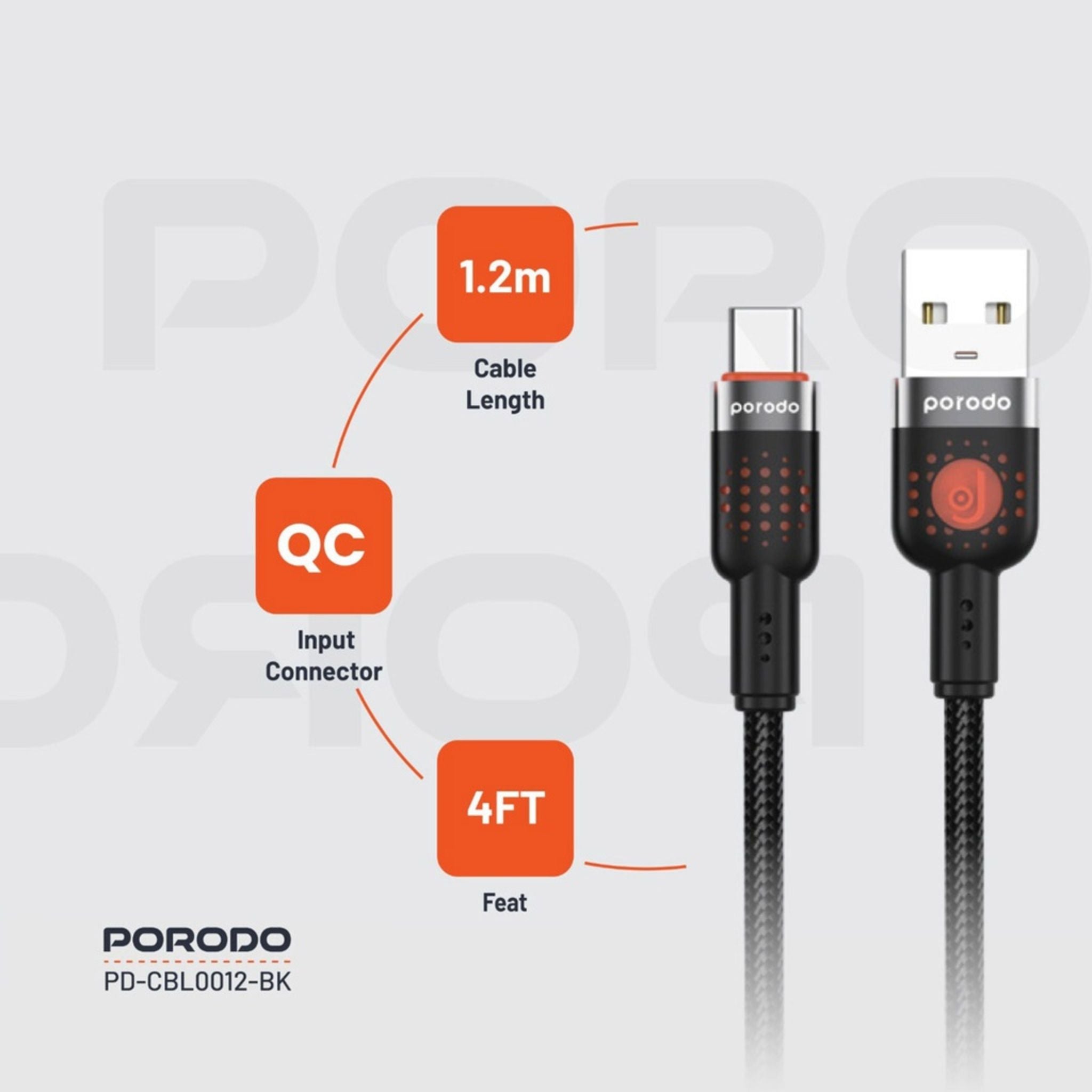 Porodo Braided USB-A to Type-C Cable with 480Mbps Transfer Speed, 1.2m Cable Length, More than 15,000 Bends Lifespan, Tangle-Free Design - Black