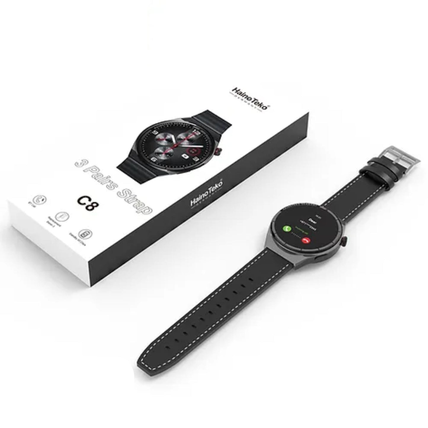 Haino Teko Germany C8 Round Shape Smart Watch with Three Set Strap for Men Black
