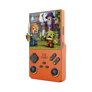 Orange handheld gaming console with pixelated characters on the screen