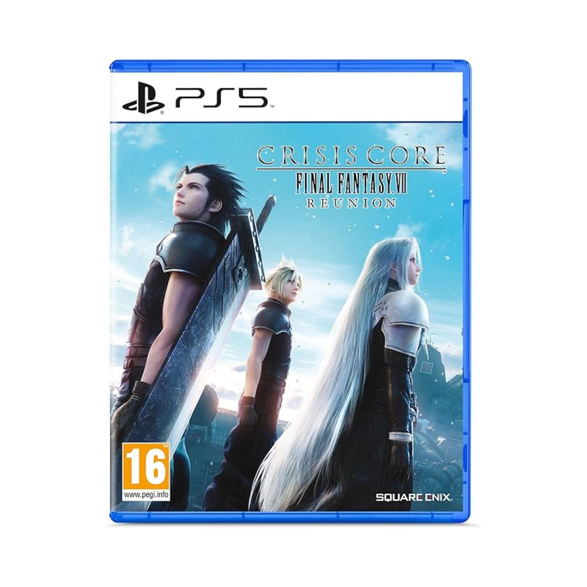 PlayStation 5 game case for 'Crisis Core: Final Fantasy VII Reunion' with characters on a blue background
