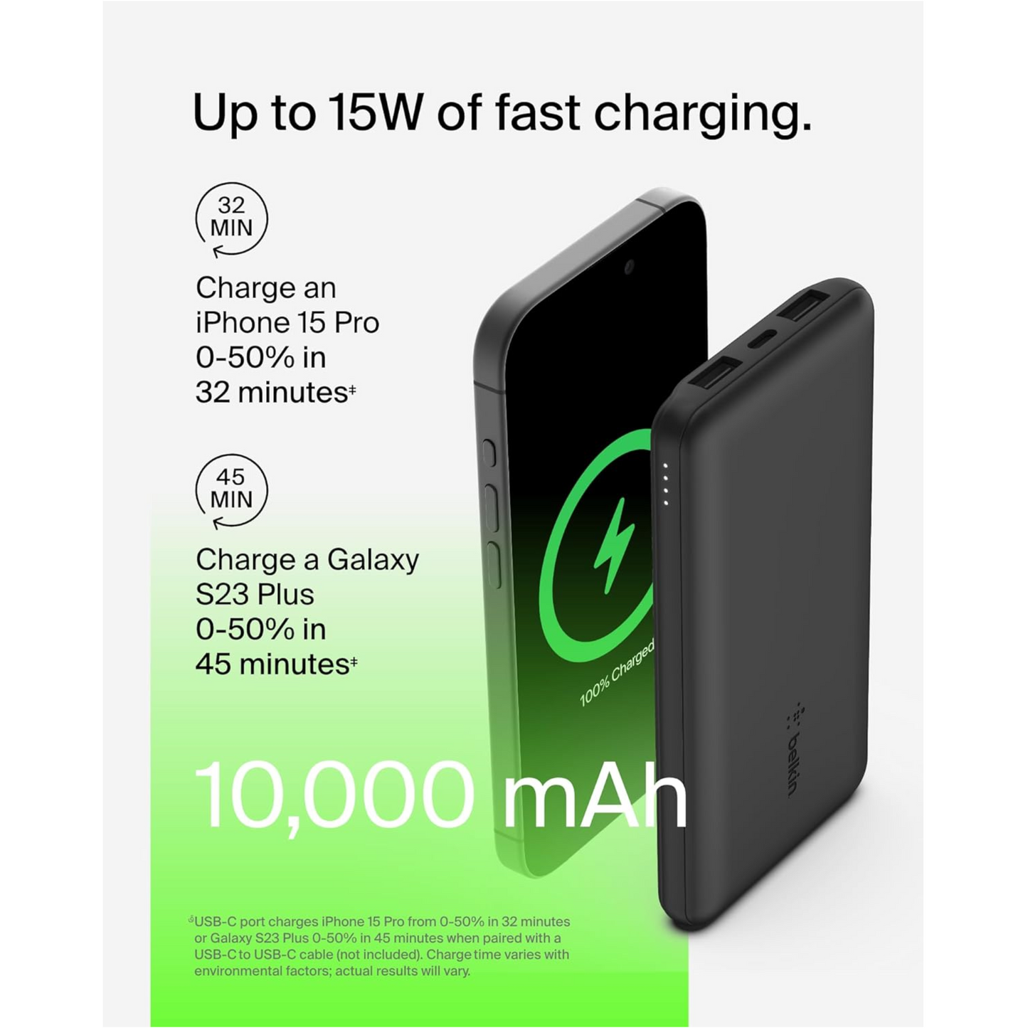 Belkin USB-C POwerbank USB-C port: Up to 15W output  USB-A ports: Up to 12W output each 10000 mah - Black
