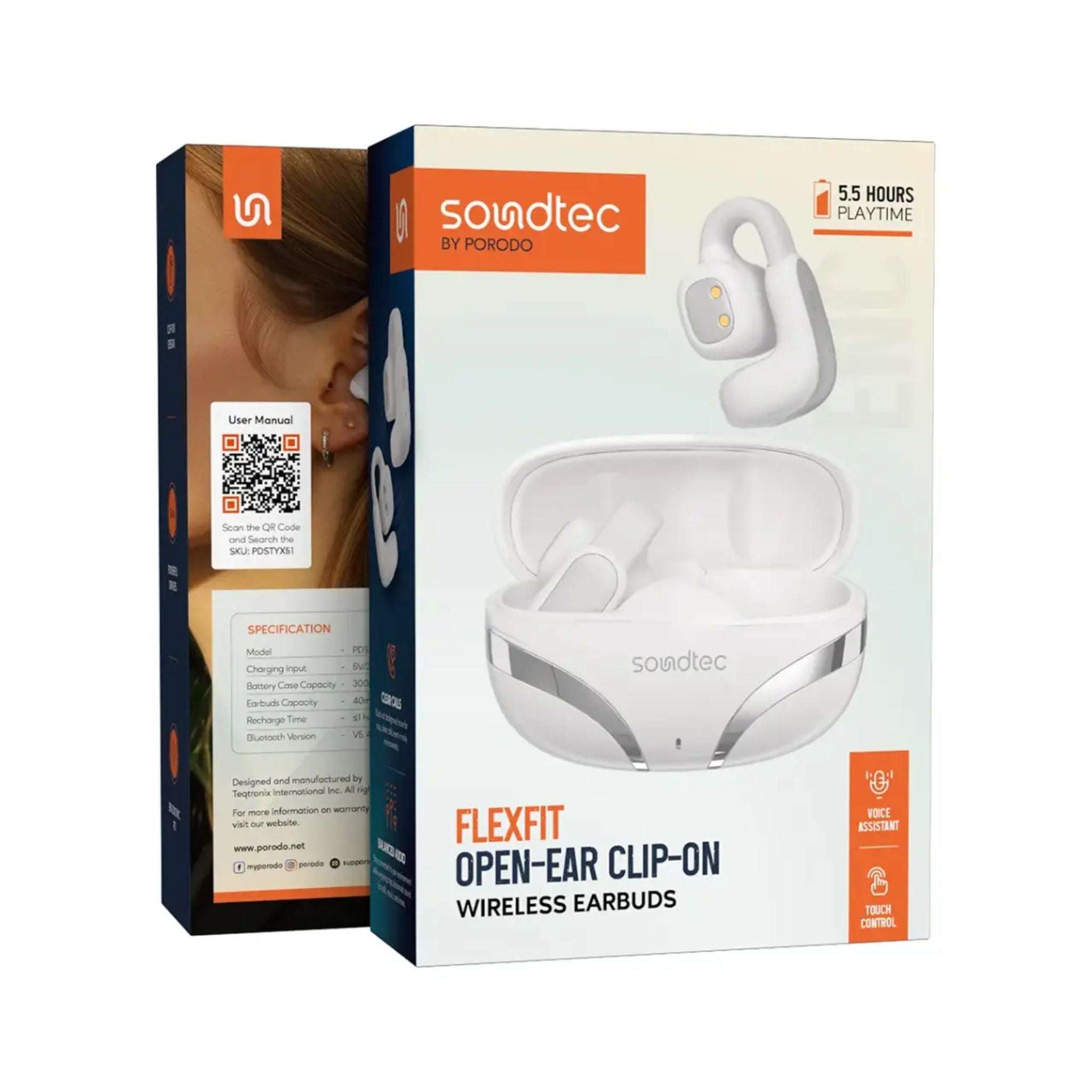 Porodo Soundtec Flexfit Open-Ear Clip-On Wireless Earbuds Bluetooth 5.4, 12mm Drivers, ENC Clear Calls, Touch Control, USB-C Fast Charging, 5.5H Playtime, 10m Range