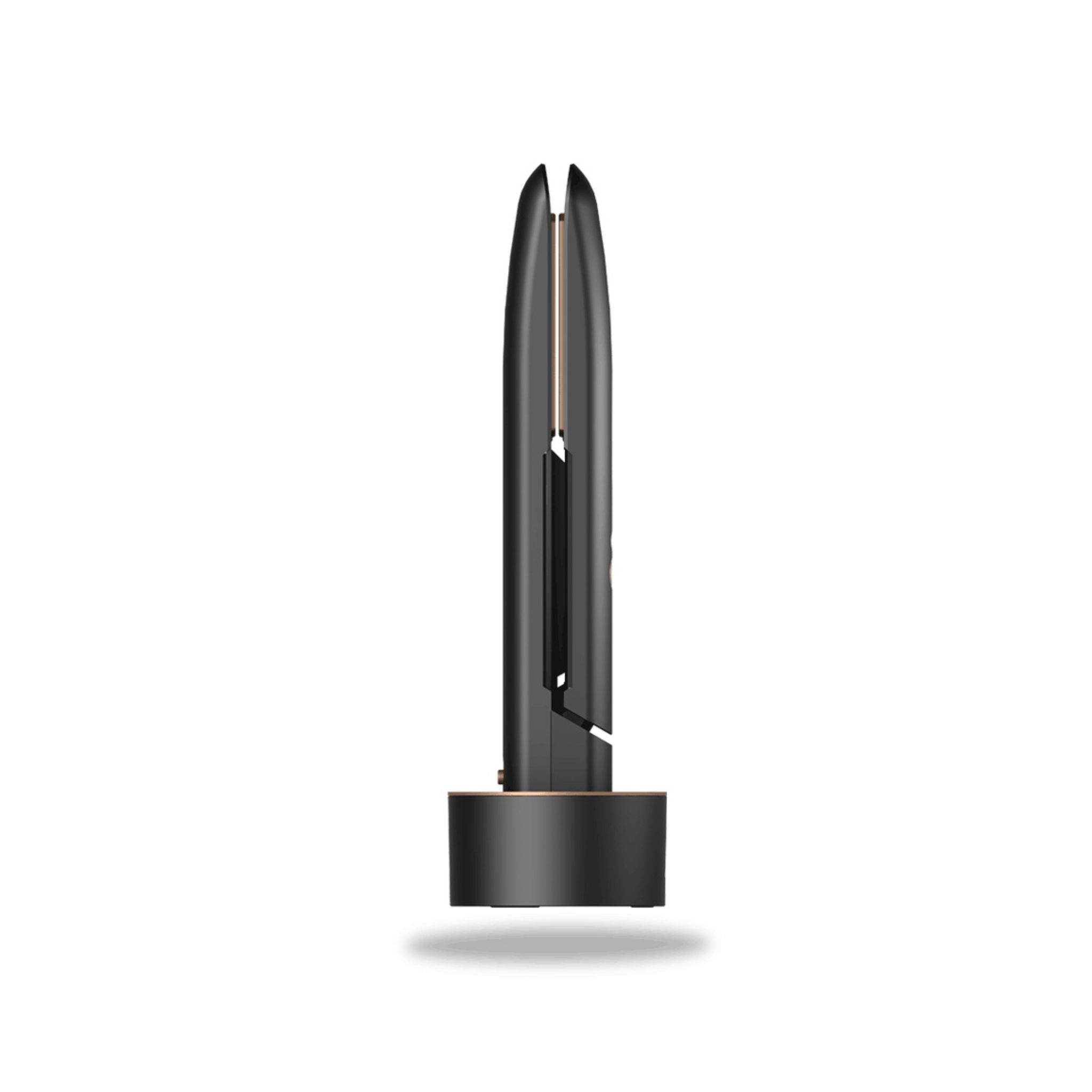 A black, cordless wireless rechargeable hair straightener with ceramic-coated plates, featuring an ergonomic design and a USB port at the base.